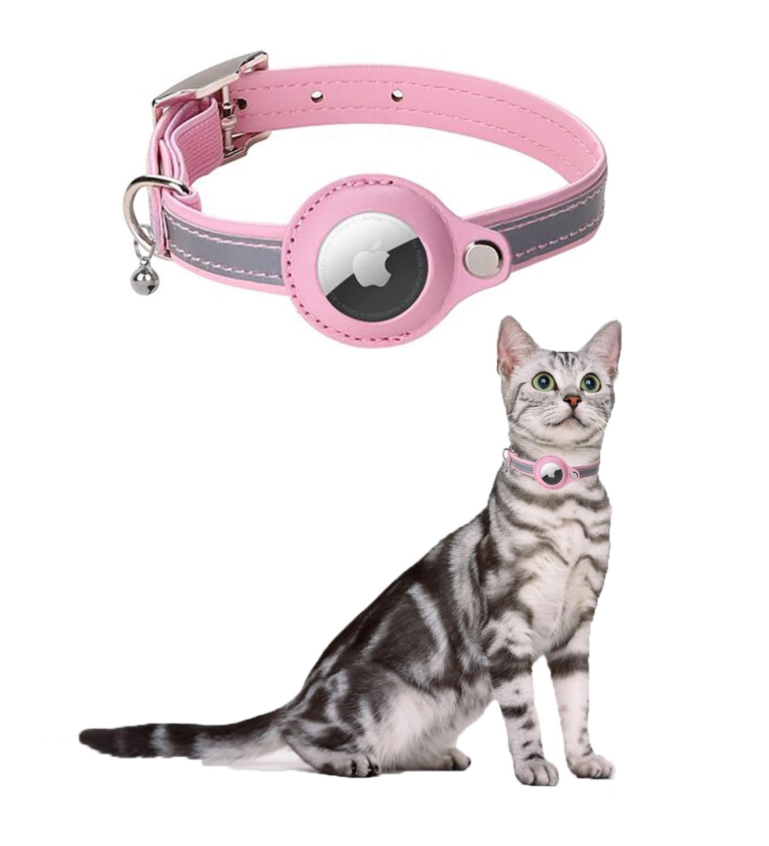 Kocnydey Leather Reflective AirTag Cat Collar Adjustable Anti-Wing Cat Collar with Bell for Small Dogs & Cats (Pink M 28-37cm) - Shop Now! - Buy Online on SooperMarket.com