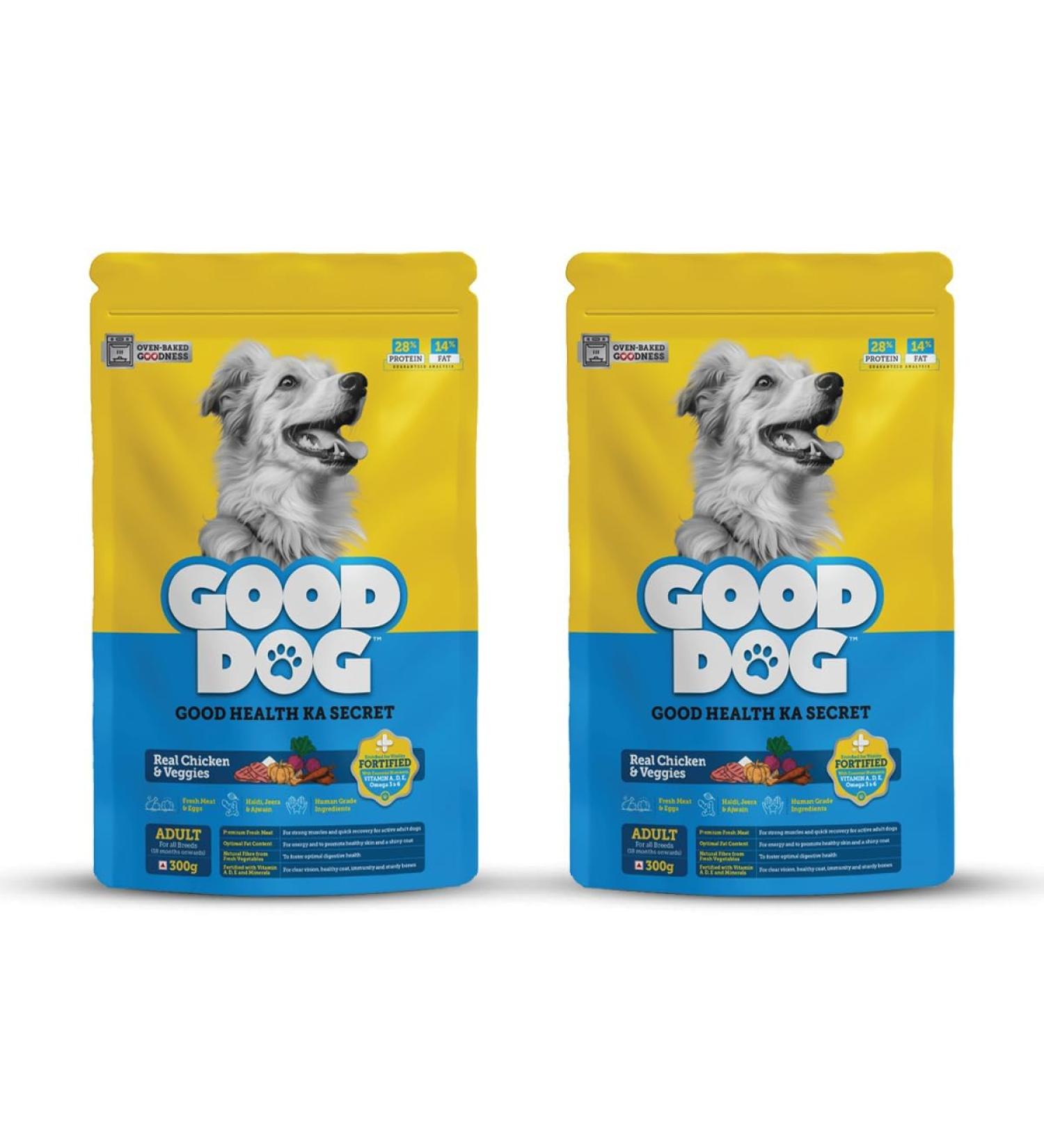 Good Dog Real Chicken & Veggies Adult Dog Food| Gently Oven Baked Kibbles | 60% Real Chicken | Fortified with Vitamin A D E & Omega 3 & 6 | for Dog 18 Months Onwards | Pack of 2 (300g*2) - Buy Online on SooperMarket.com