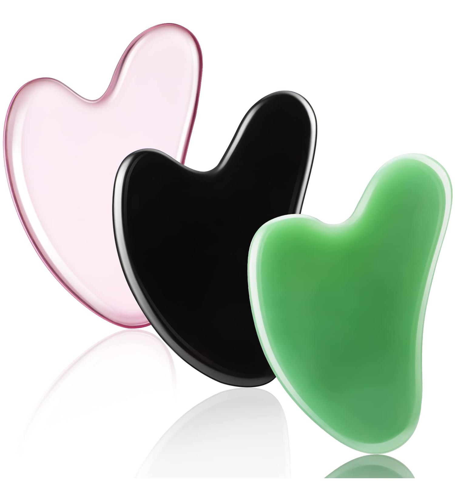 3-Piece Gua Sha Facial Tool Set | Natural Resin Stone Scraping Massage for Face & Body | Pink Dark Green Black - Buy Online on SooperMarket.com