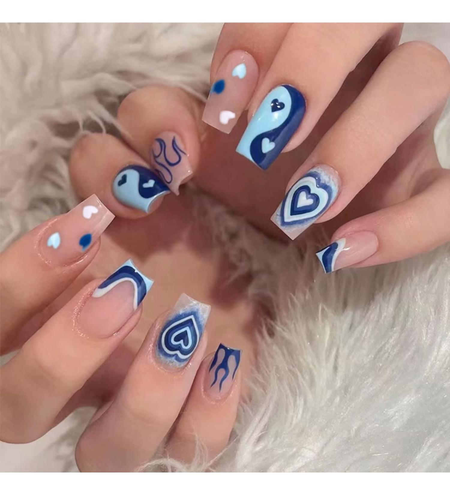 Blue Heart Flame Press On Nails - Medium Size, Acrylic Nude Design for Women and Girls by RUNRAYAY - Buy Online on SooperMarket.com