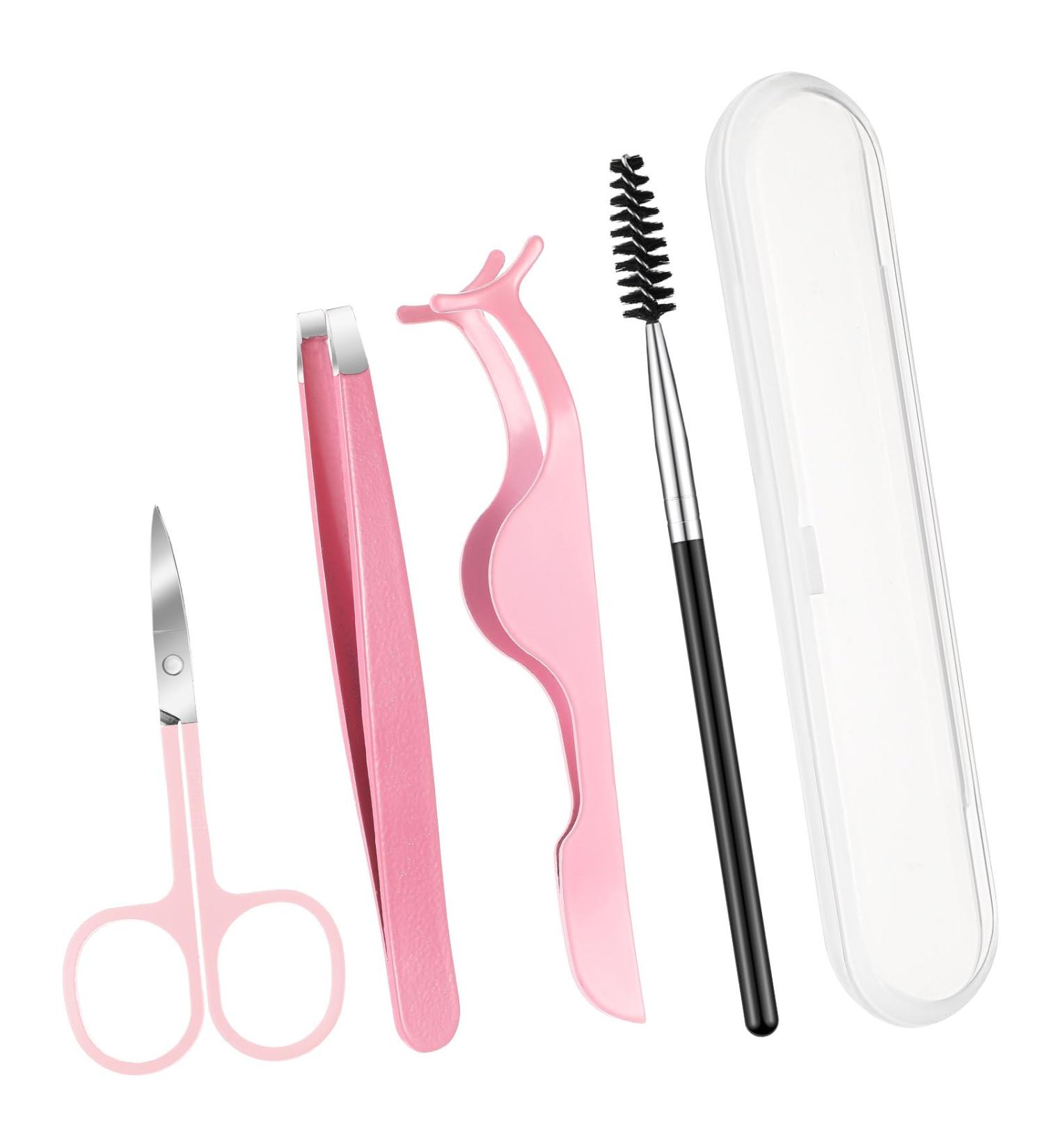 Lasnten DIY Eyelash Applicator Tool Set - Stainless Steel Lash Tweezers Scissors & Brushes for Extensions - Pink | International Shipping - Buy Online on SooperMarket.com