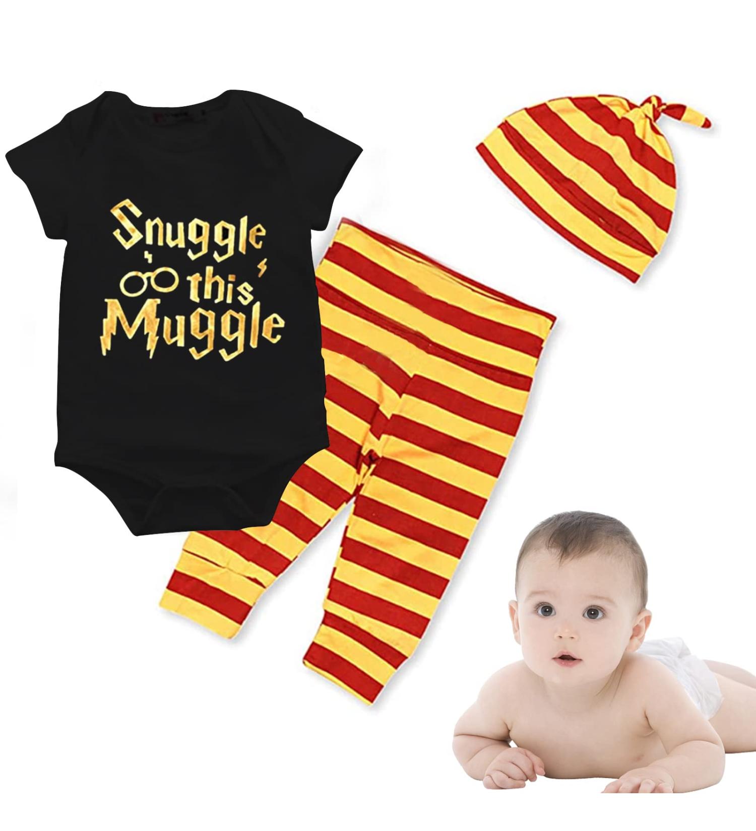 Baby Boys Girls Snuggle This Muggle Bodysuit Set 6-9 Months | Black Short Sleeve Outfit with Striped Pants & Hat - Buy Online on SooperMarket.com
