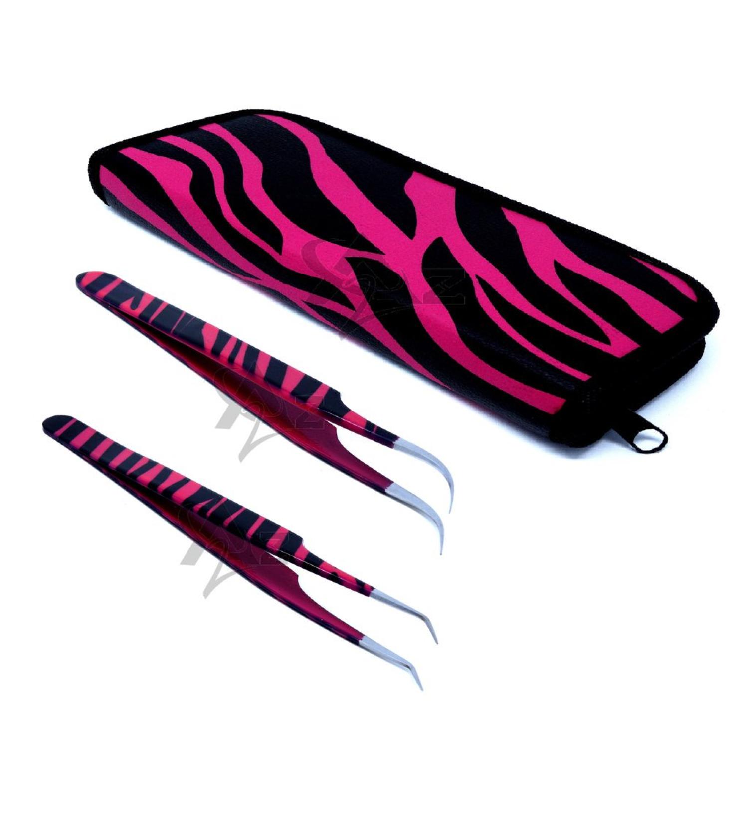 Stainless Steel Pink Black Zebra 3D Eyelash Extension Tweezers Set - Curved & Fine Point - A2Z - Buy Online on SooperMarket.com