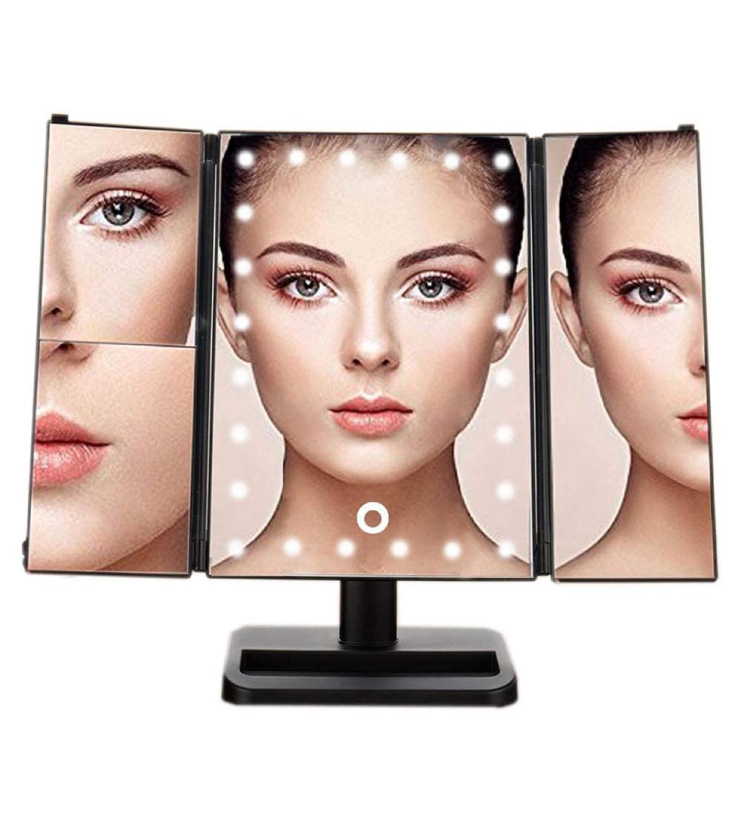 Lighted Trifold Makeup Vanity Mirror with 24 Dimmable LEDs - 1X/2X/3X Magnification for Makeup, Shaving, Dressing Table - Vanity Desk Essential - Buy Online on SooperMarket.com