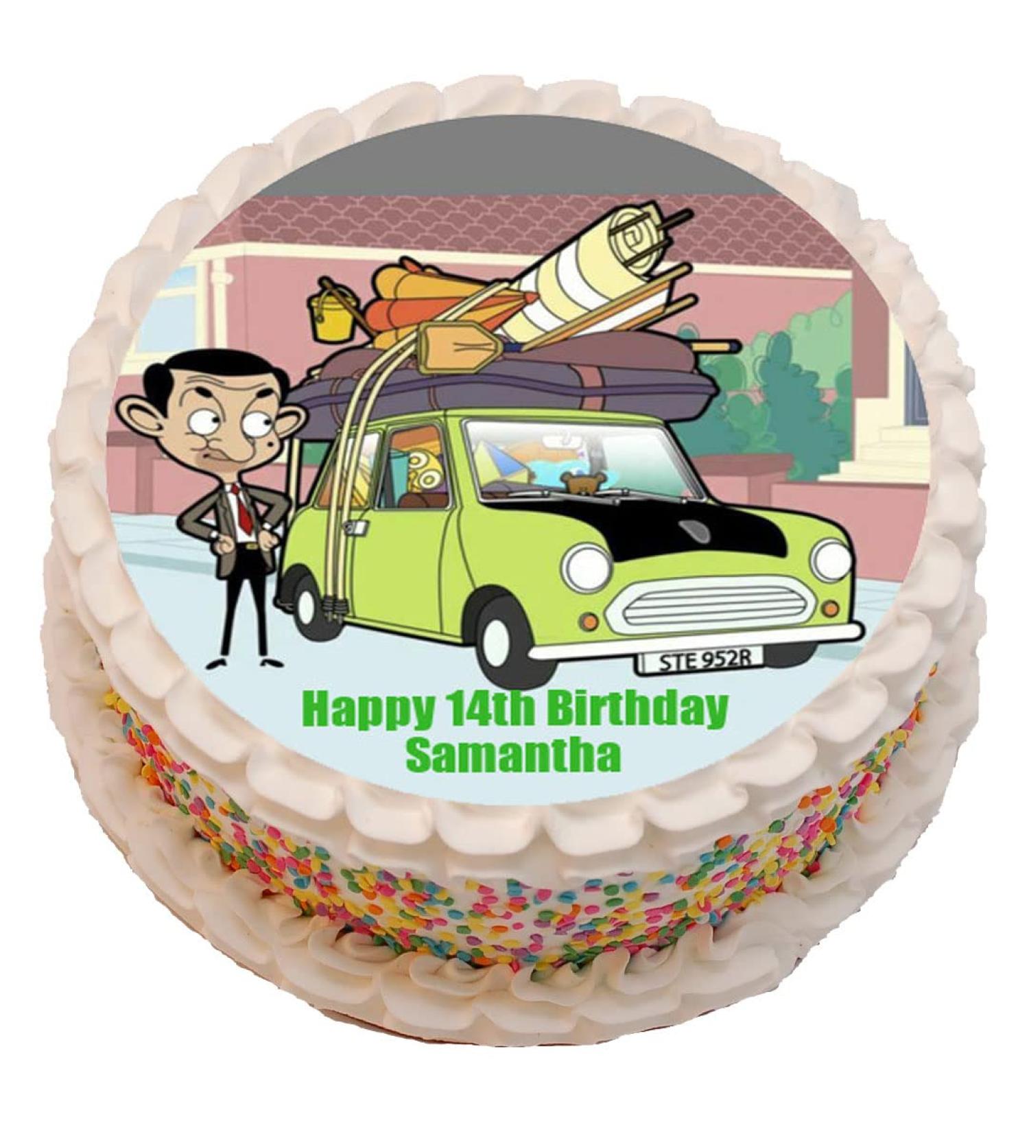 Mr Bean & Car Personalised PRECUT Cake Topper 8 Inch Round Edible Icing Sheet Birthday Decoration