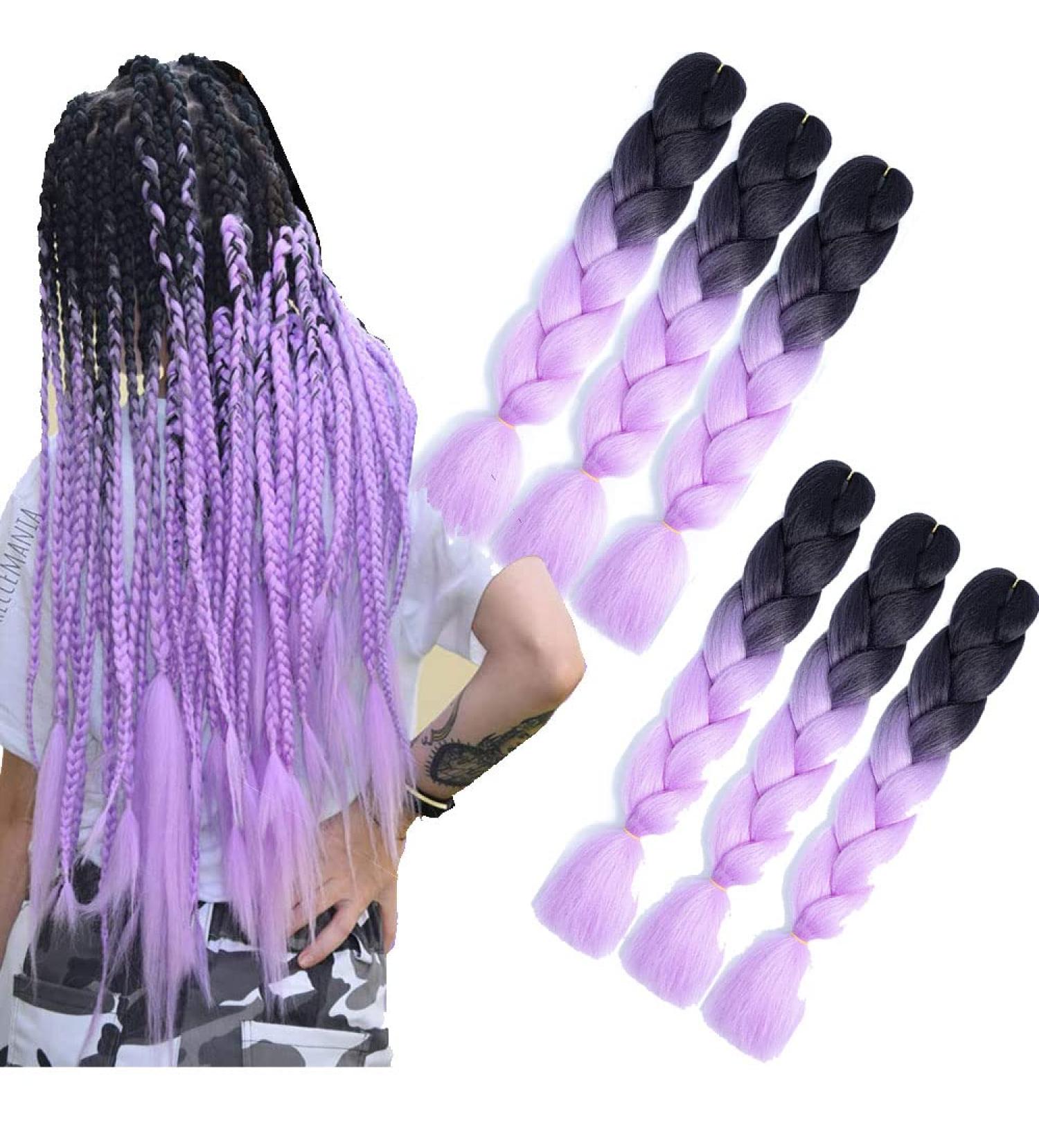 Buy Purple Kanekalon Braids Extensions | 24 Jumbo Box Braids Ombre Hair | 6-Pack Synthetic Hair for Crochet Braids (Black-Purple) - Buy Online on SooperMarket.com