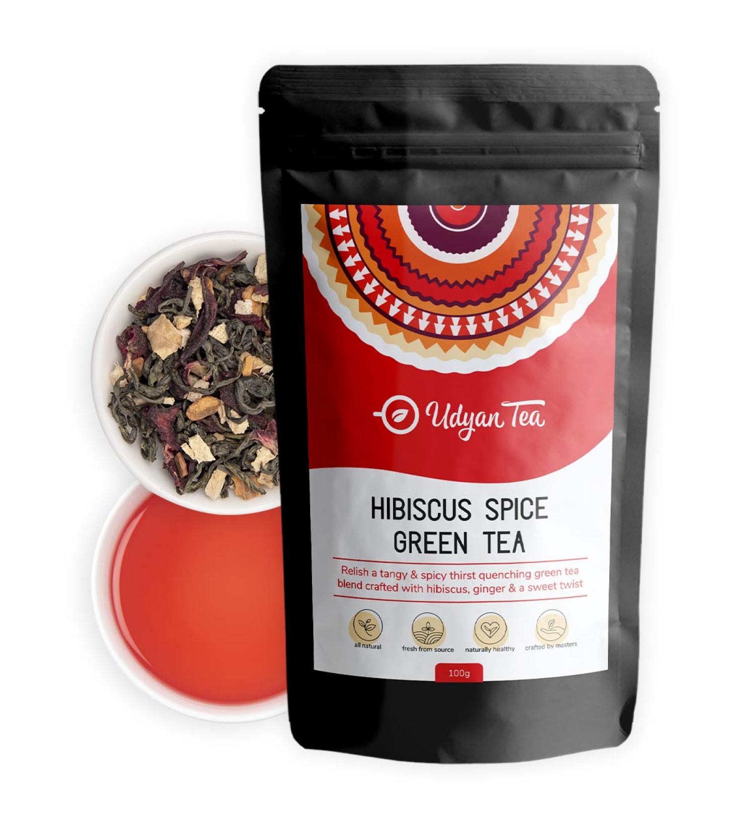Udyan Tea Hibiscus Spice Green Tea - 100 g (40 Cups) | Supports Heart Health Regulates Blood Pressure Boosts Energy | Stress Relief and Relaxation Blend - Buy Online on SooperMarket.com