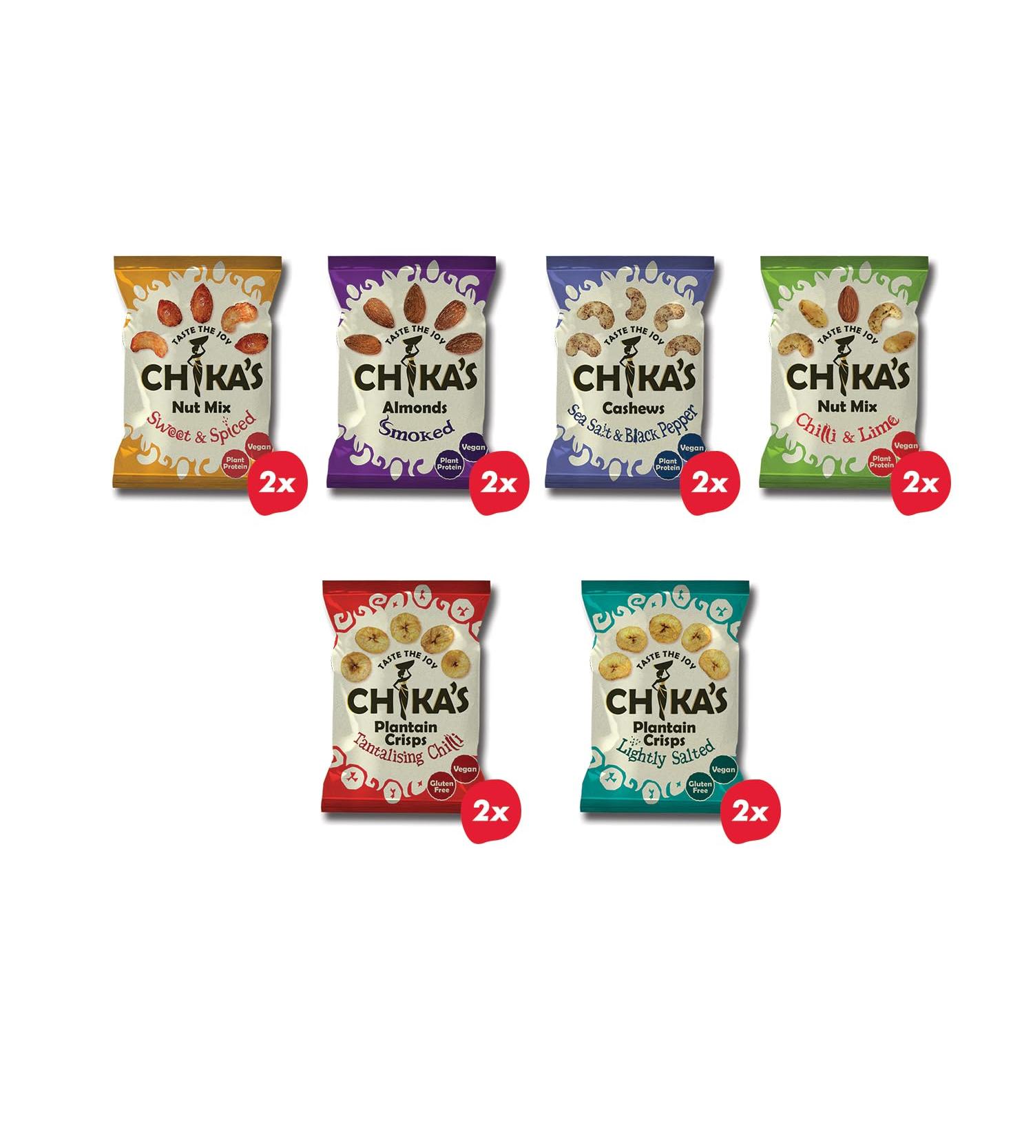 CHIKA'S - Nuts & Plantain Taster Box - 12 x 35g Bags - Smoked Almonds Nut Mix Cashews & Plantains - Buy Online on SooperMarket.com