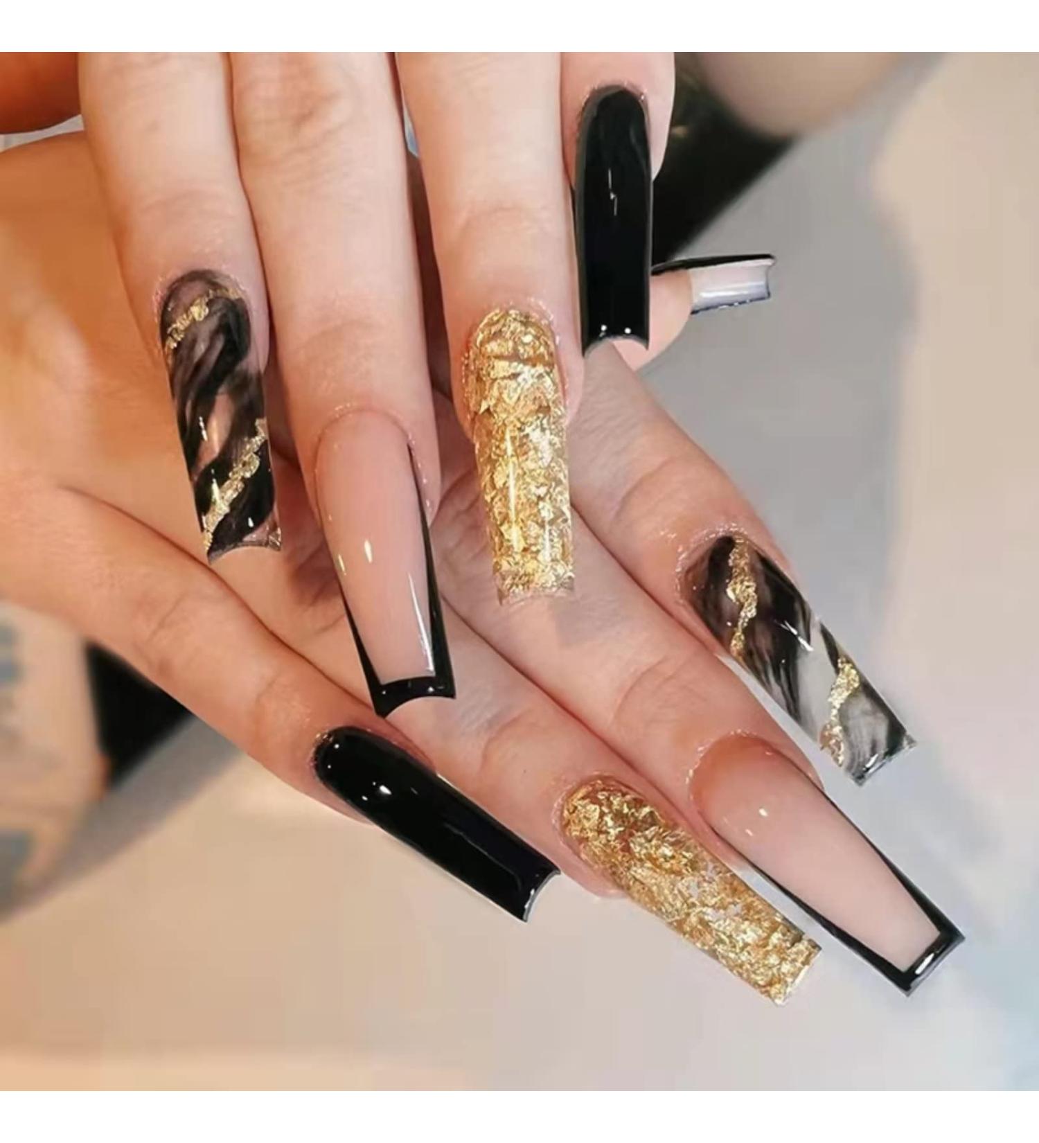 Black Marble French Tip Press On Nails Long with Gold Foil - 24Pcs - Buy Online on SooperMarket.com