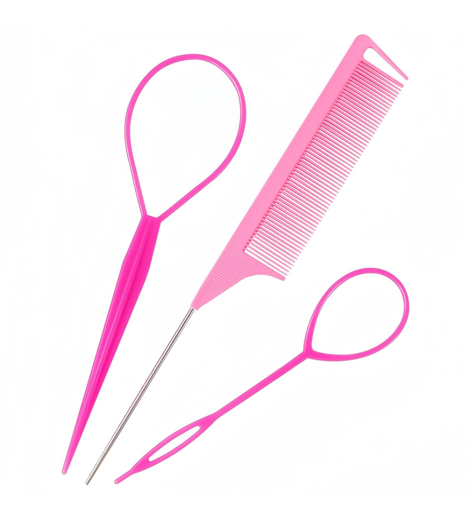 Sularpek 3pcs Topsy Tail Hair Tool Set - Pink Looping Hair Styling Kit with Comb - Ideal for French Braids & Creative Hairstyles - Buy Online on SooperMarket.com
