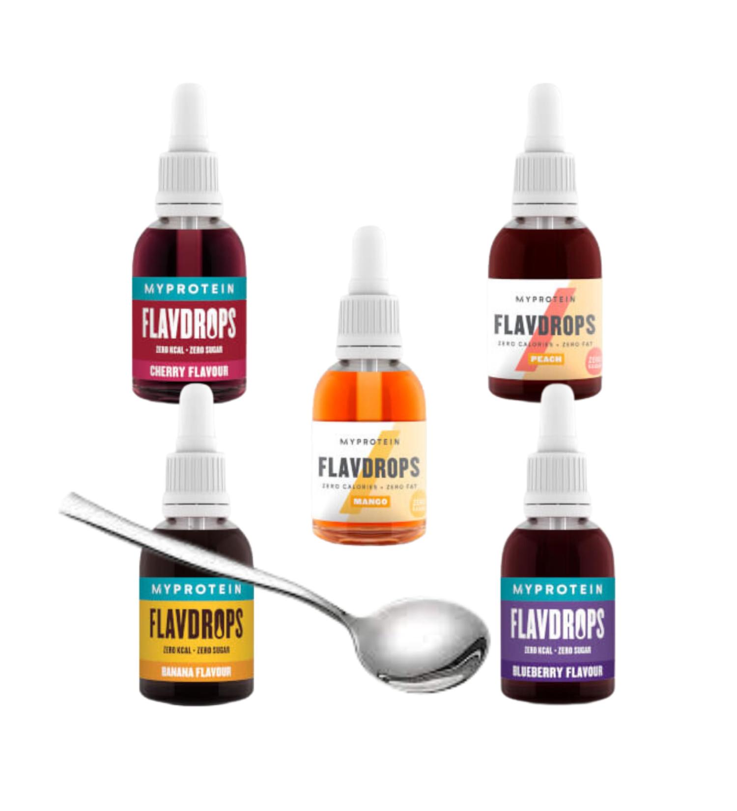 Flavour Drops Bundle with Flavdrops and Spoon Set - Cherry Blueberry Strawberry Peach and Mango 50ml Each - Pack of 5 - Zero Calories - Buy Online on SooperMarket.com