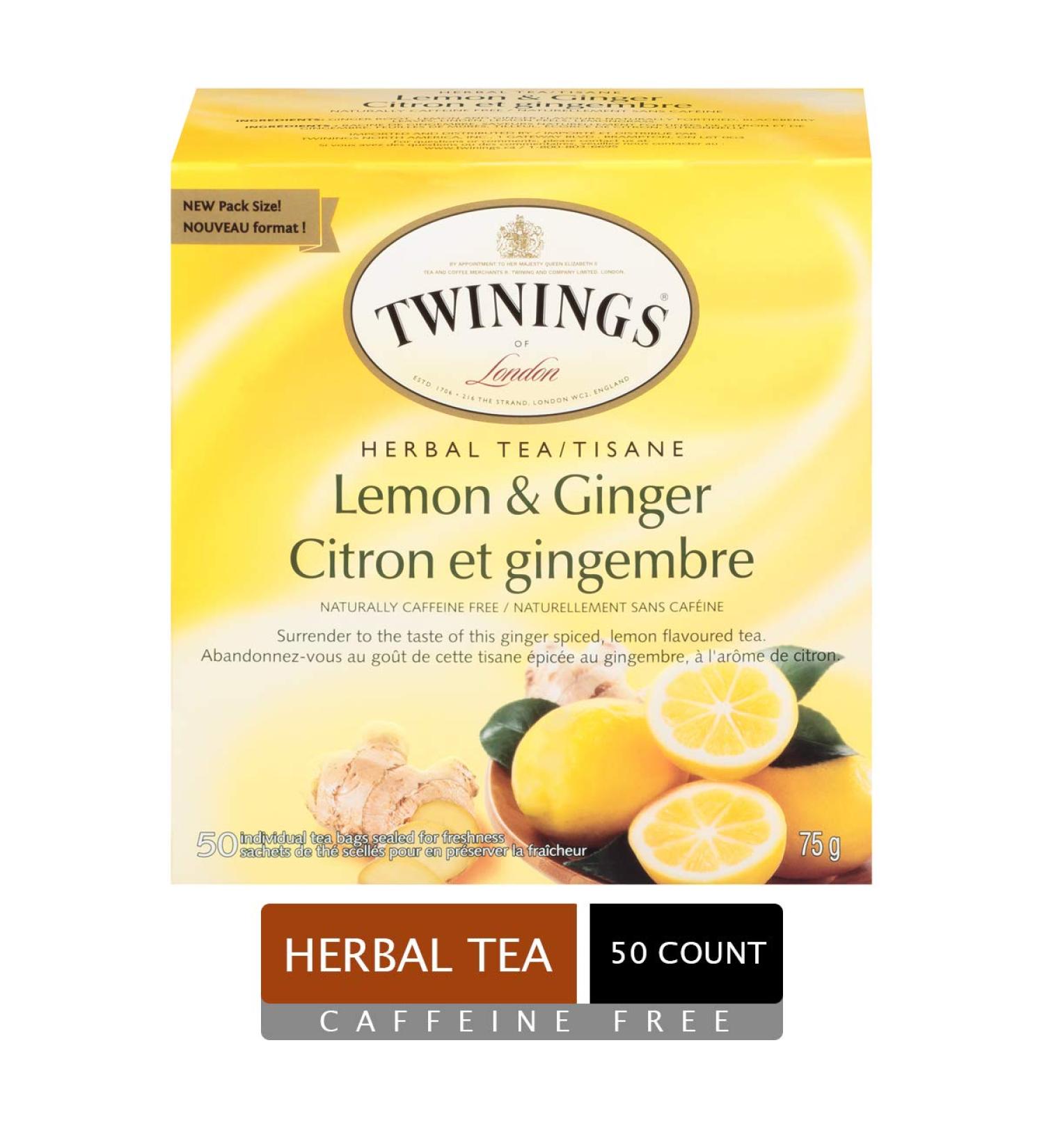 Twinings Lemon & Ginger Herbal Individually Wrapped Tea Bags | Naturally Caffeine-Free | Invigorating Ginger Spiced & Lemon Herbal Tea | 50 Count (Pack of 6) | Enjoy Hot or Iced Ginger Lemon 50 Count (Pack of 6) - Buy Online on SooperMarket.com