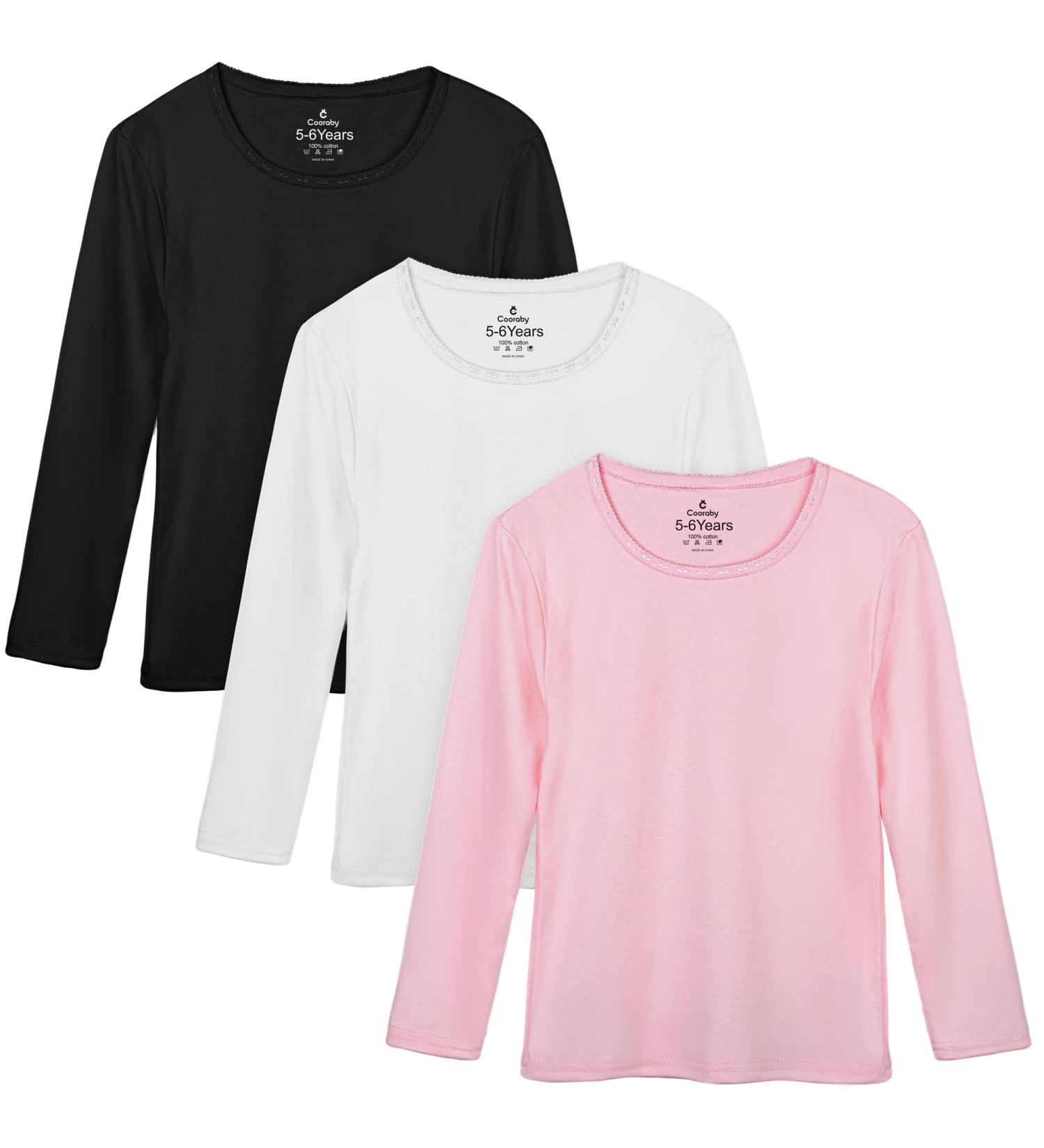 Cooraby 3 Pack Girls' Cotton Long Sleeve Thermal Tops with Lace - 4T Black White Light Pink - Buy Online on SooperMarket.com
