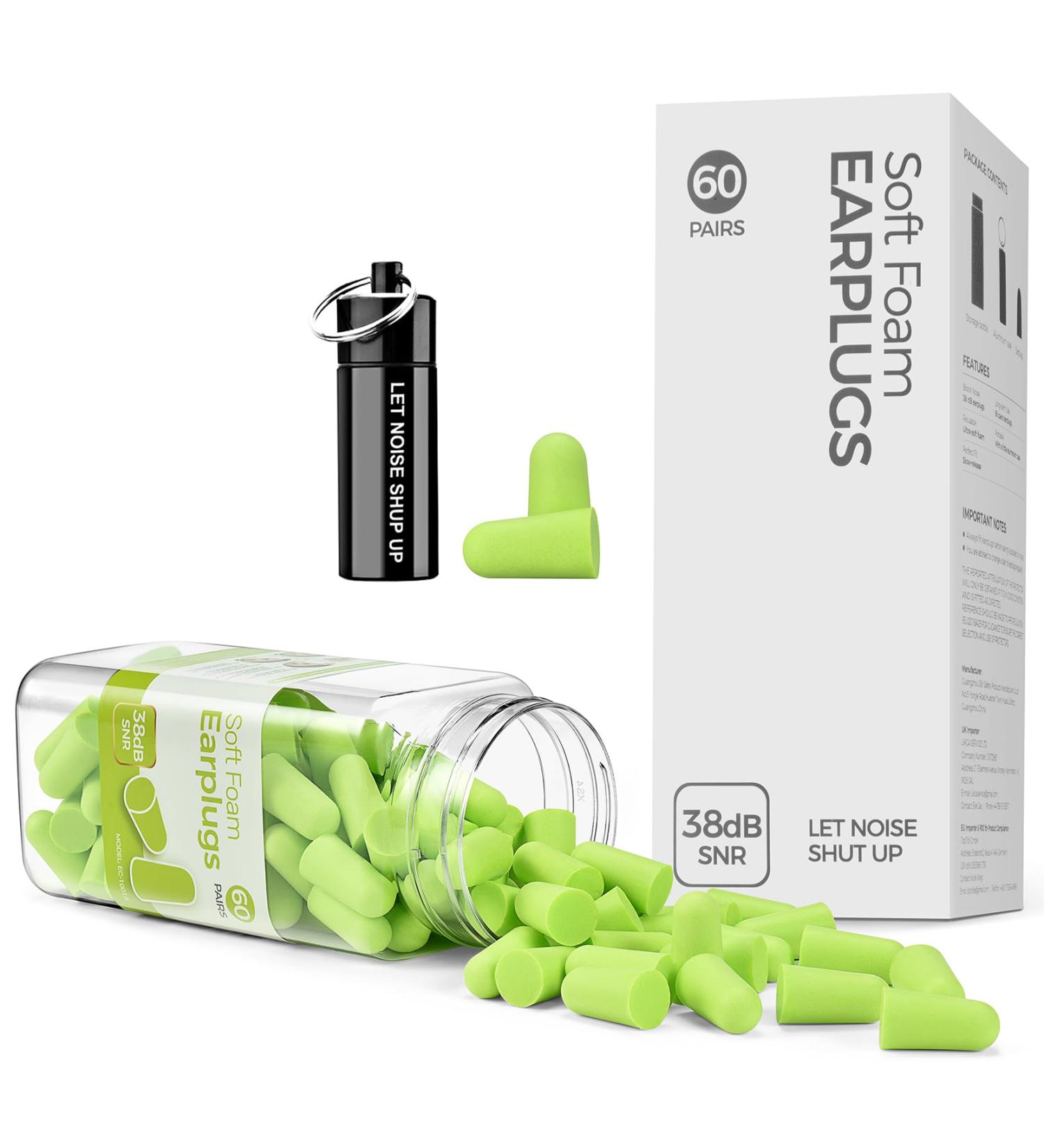 Buy Ear Plugs for Sleeping - 60 Pairs Noise Protection Foam Earplugs 38 dB SNR - Super Soft & Comfortable for Snoring Concerts & Loud Noises - Grass Green - Buy Online on SooperMarket.com