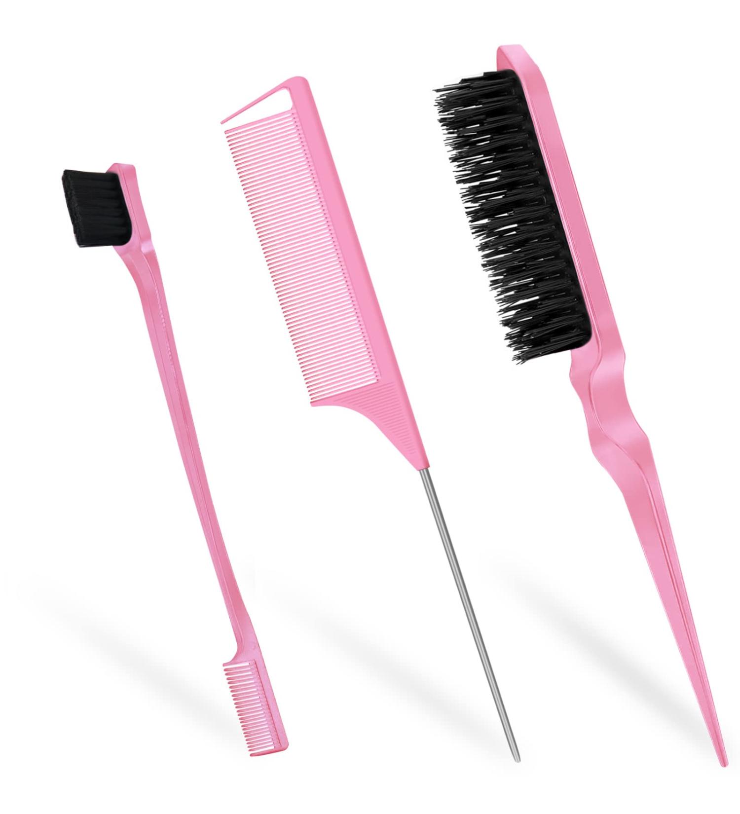 Qufiiry 3 Pcs Slick Back Hair Brush Set - Women's Teasing & Edges Brush for Salon Slicking - Pink - Buy Online on SooperMarket.com