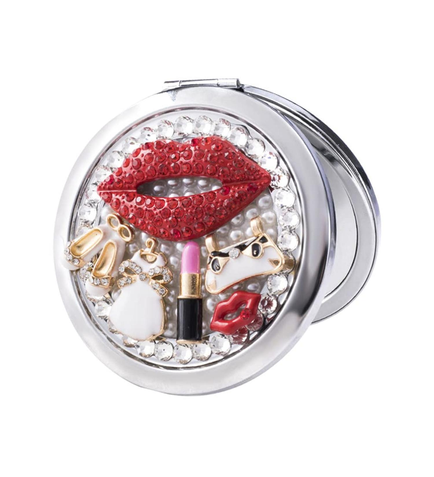 Beaupretty Round Compact Mirror with Rhinestone Red Lips and High Heels Design - Portable Mini Makeup Mirror for Women and Girls - Buy Online on SooperMarket.com