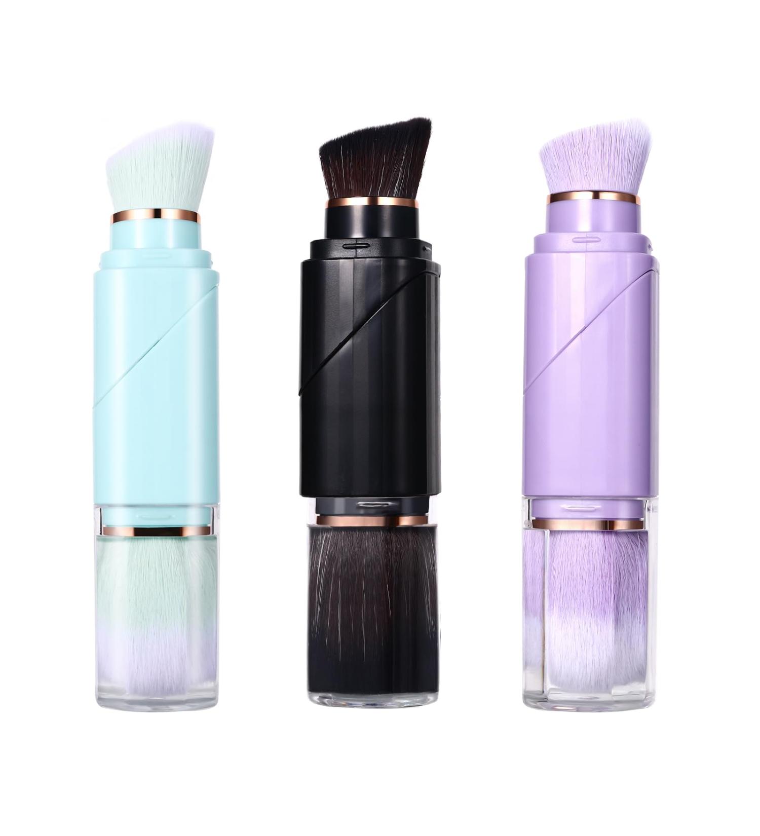 Vtrem Retractable Travel Makeup Brush Set - Kabuki Double-Ended Foundation & Blush Brushes in Blue Black Purple | Mini Compact Face Brush for Flawless Powder & Highlighter - Buy Online on SooperMarket.com