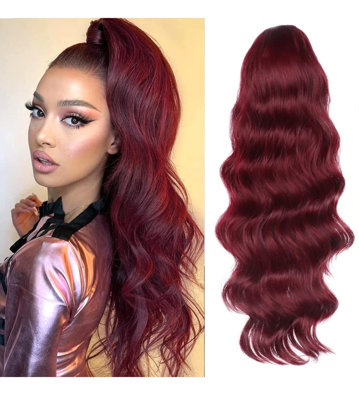 YEESHEDO Wine Red Long Wavy 24 Drawstring Ponytail Hair Extension - Clip-in Curly Synthetic Hairpiece for Women - Buy Online on SooperMarket.com