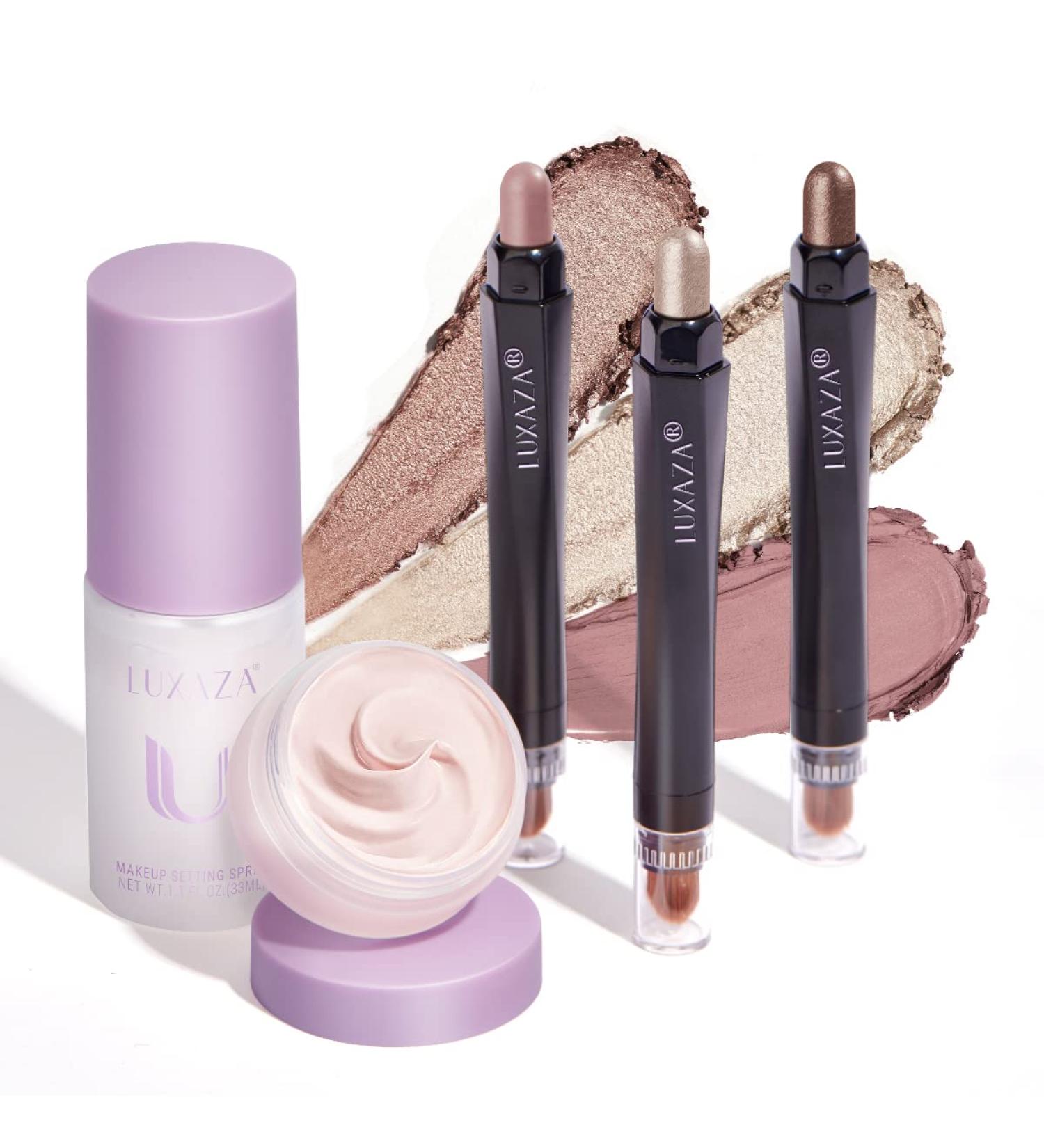 LUXAZA 3PCS Eyeshadow Stick Neutral Eye Shadow Sticks Pencil Crayon with Primer & Setting Spray - 3-in-1 Eye Makeup Kit for Smudge-Proof & Long-Lasting C-Champagne Look - Buy Online on SooperMarket.com