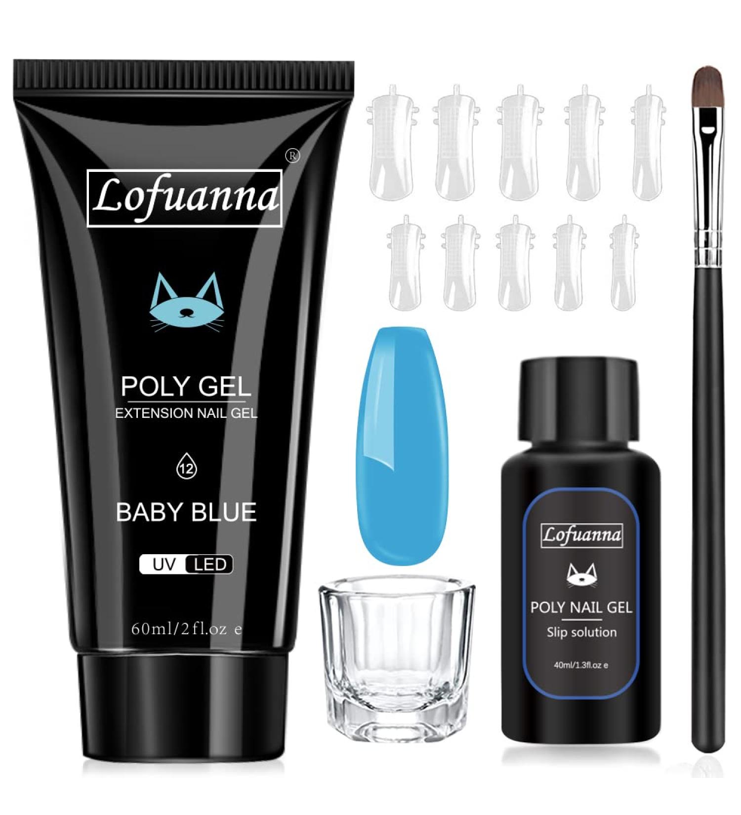 Lofuanna Poly Nail Gel Set - 60ml Blue Nail Extension Gel Kit | All-in-One with Slip Solution Nail Forms Brush & Glass Cup | Perfect for Beginners - Nail Art Design - Buy Online on SooperMarket.com