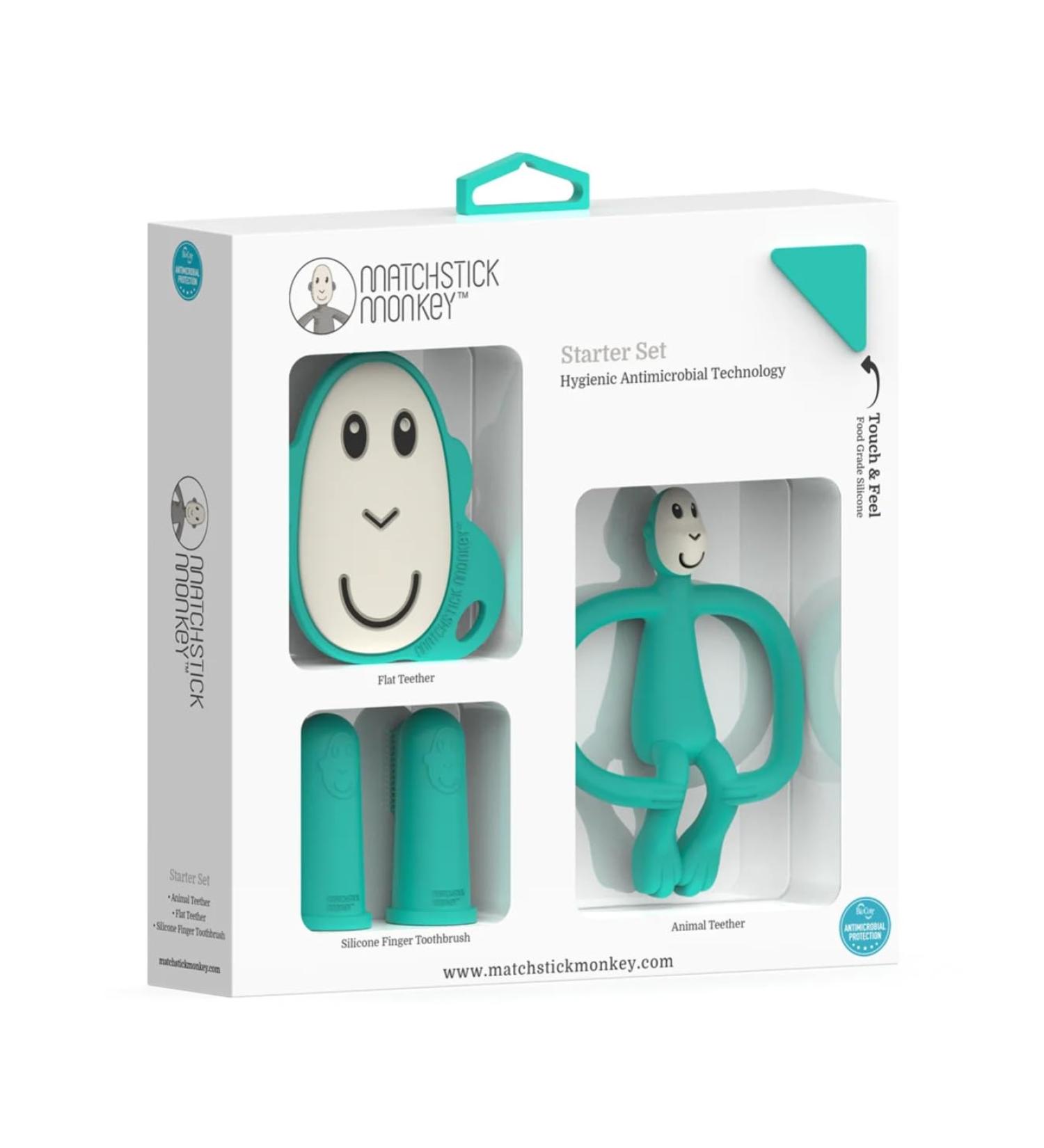 Matchstick Monkey Antimicrobial Teething Starter Set - Green Monkey Set for Babies 3 Months+, Includes 1 Flat Face Teether, 1 Animal Teether, and 2 Silicone Finger Toothbrushes - Buy Online on SooperMarket.com