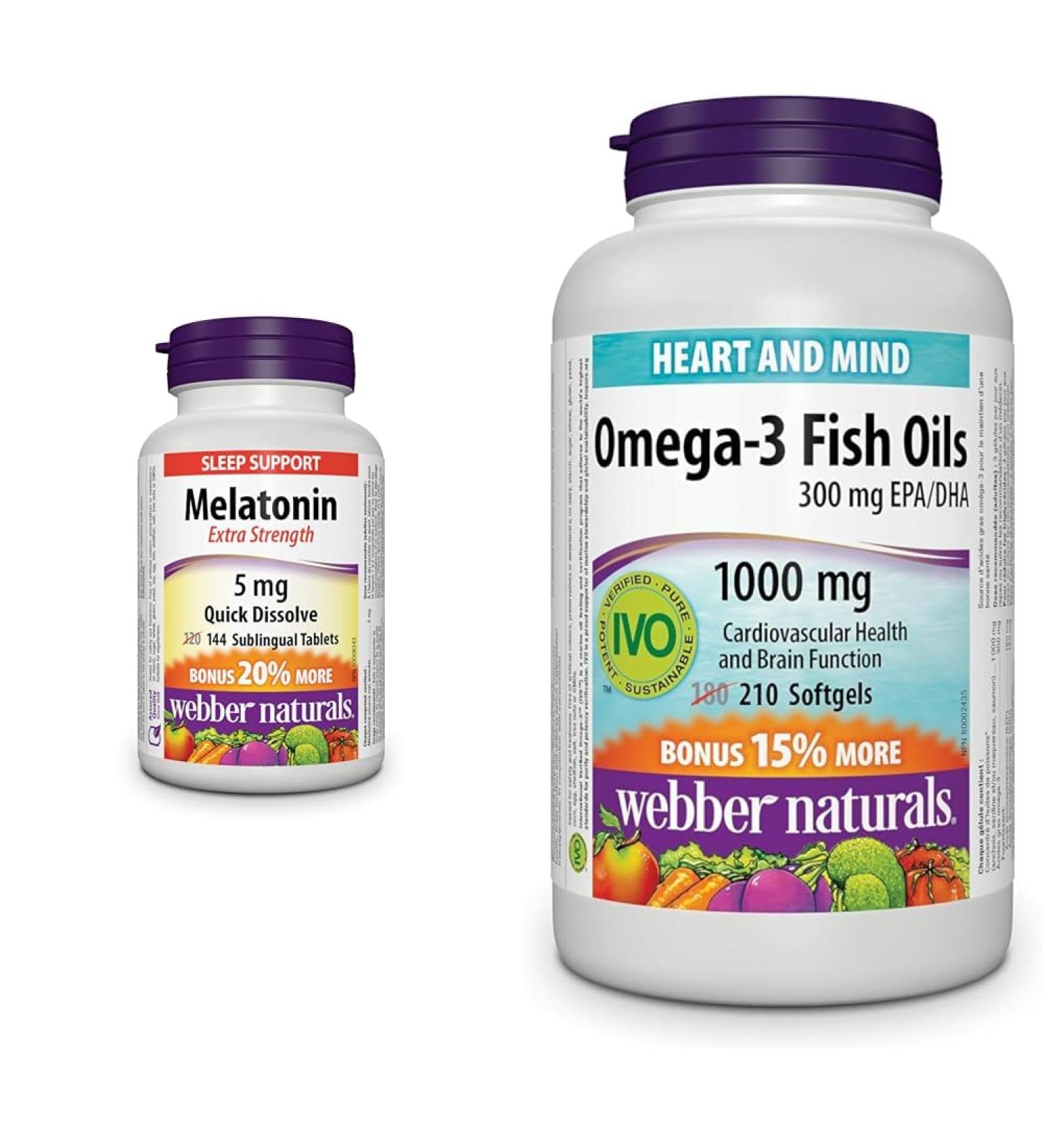 Webber Naturals Melatonin 5 mg Extra Strength (144 Quick Dissolve Tablets) + Omega-3 Fish Oil 1 000 mg (210 Softgels) 144 Melatonin + Oil 1 000 mg - Buy Online on SooperMarket.com
