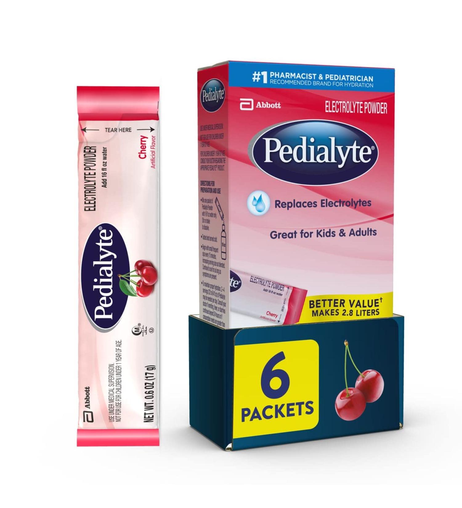 Pedialyte Cherry Electrolyte Powder Packs - 6 Count Hydration Drink - Buy Online on SooperMarket.com