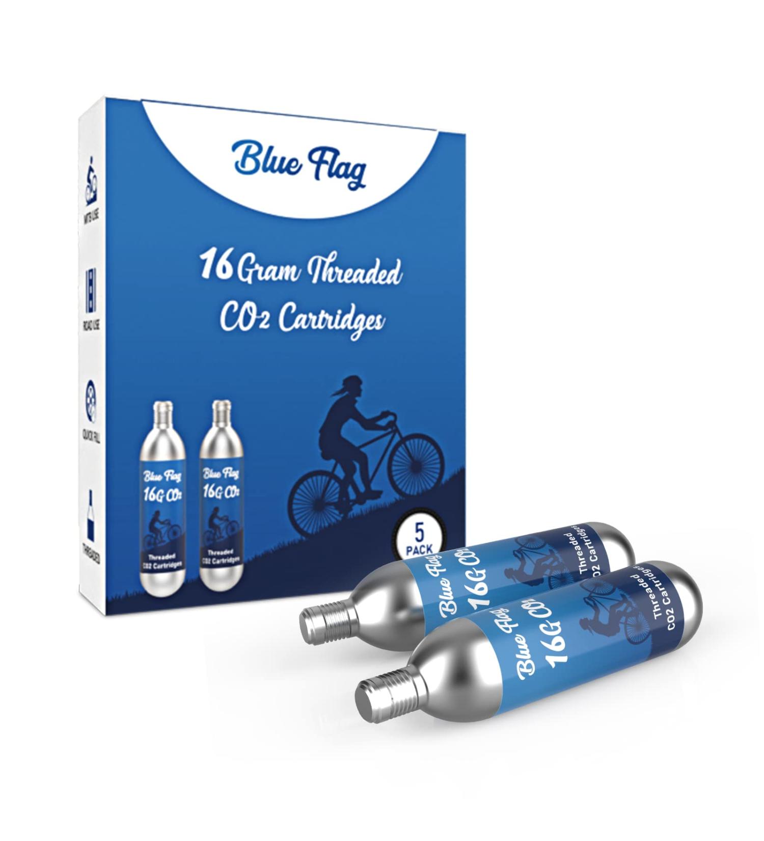 BLUE FLAG 16g Threaded CO2 Cartridges - 5 Pack for Bike Tire Inflators & Pumps | Quick Air Refill for MTB & Road Bikes - Buy Online on SooperMarket.com