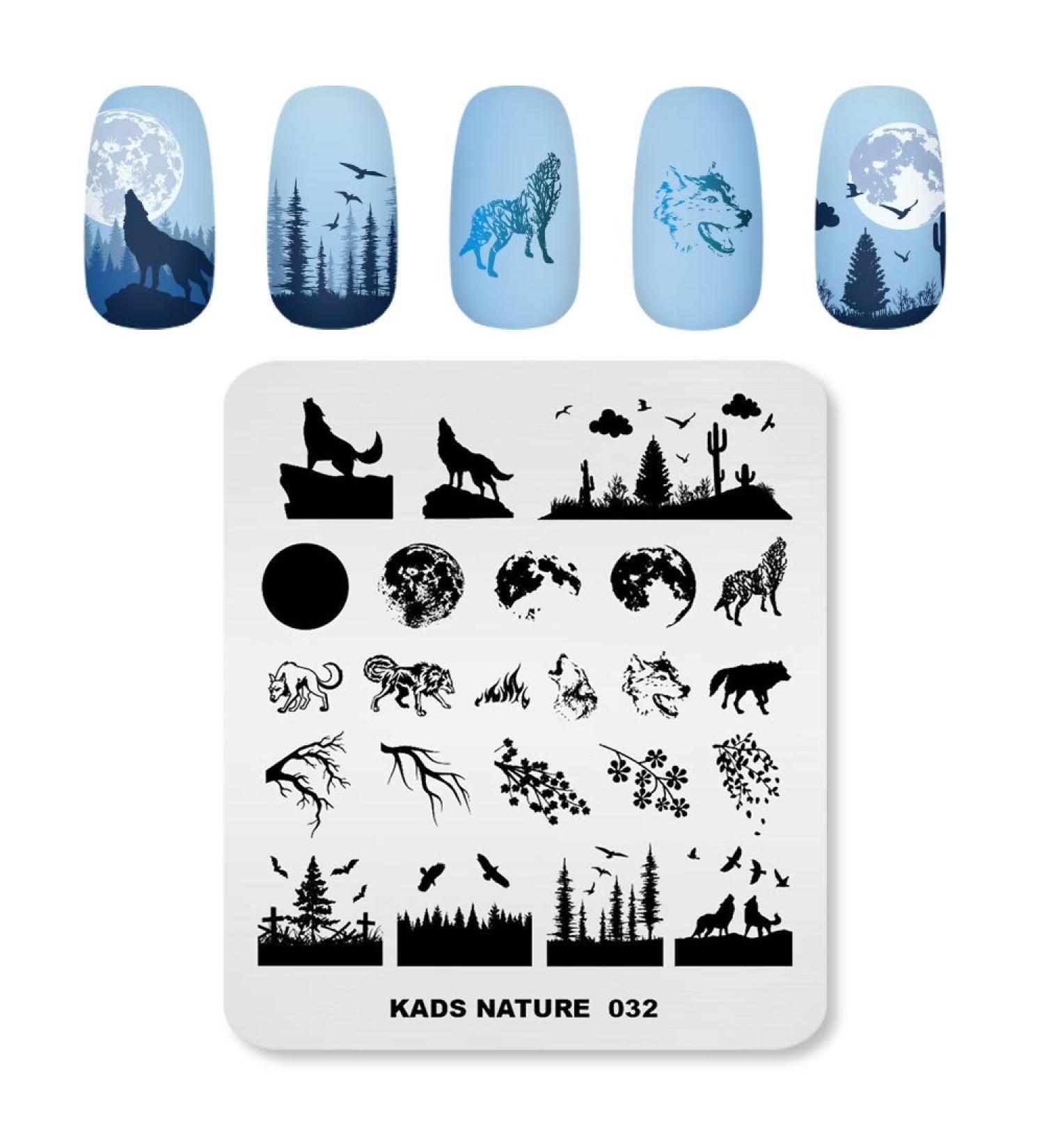 Natural Forest Wildlife Nail Art Stamping Plate - Wolf Moon Eagle Branch Design | Nail Design Manicure Print DIY Transfer Tools NA032 - Buy Online on SooperMarket.com