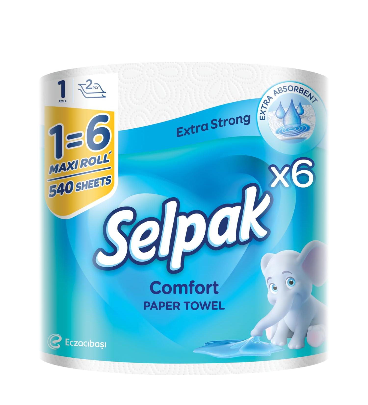 Selpak Comfort Maxi Kitchen Roll - 100% Pure Cellulose 2-Layer 3240 Sheets - Food Contact Safe 6 Pack Towel Rolls - Buy Online on SooperMarket.com