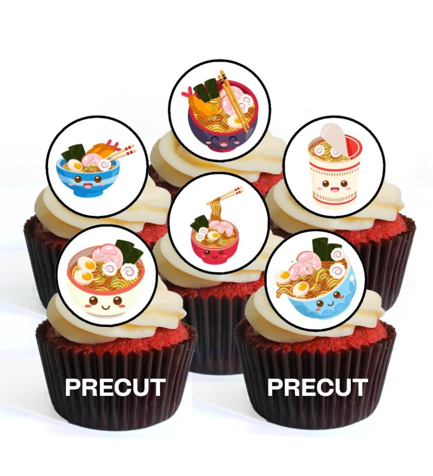 PRECUT Kawaii Ramen Edible Cupcake Toppers - Cute Kawaii Ramen Bowl Theme Premium Thickness SWEETENED VANILLA - wafer card disc cake decorations (Pack of 12) - Buy Online on SooperMarket.com