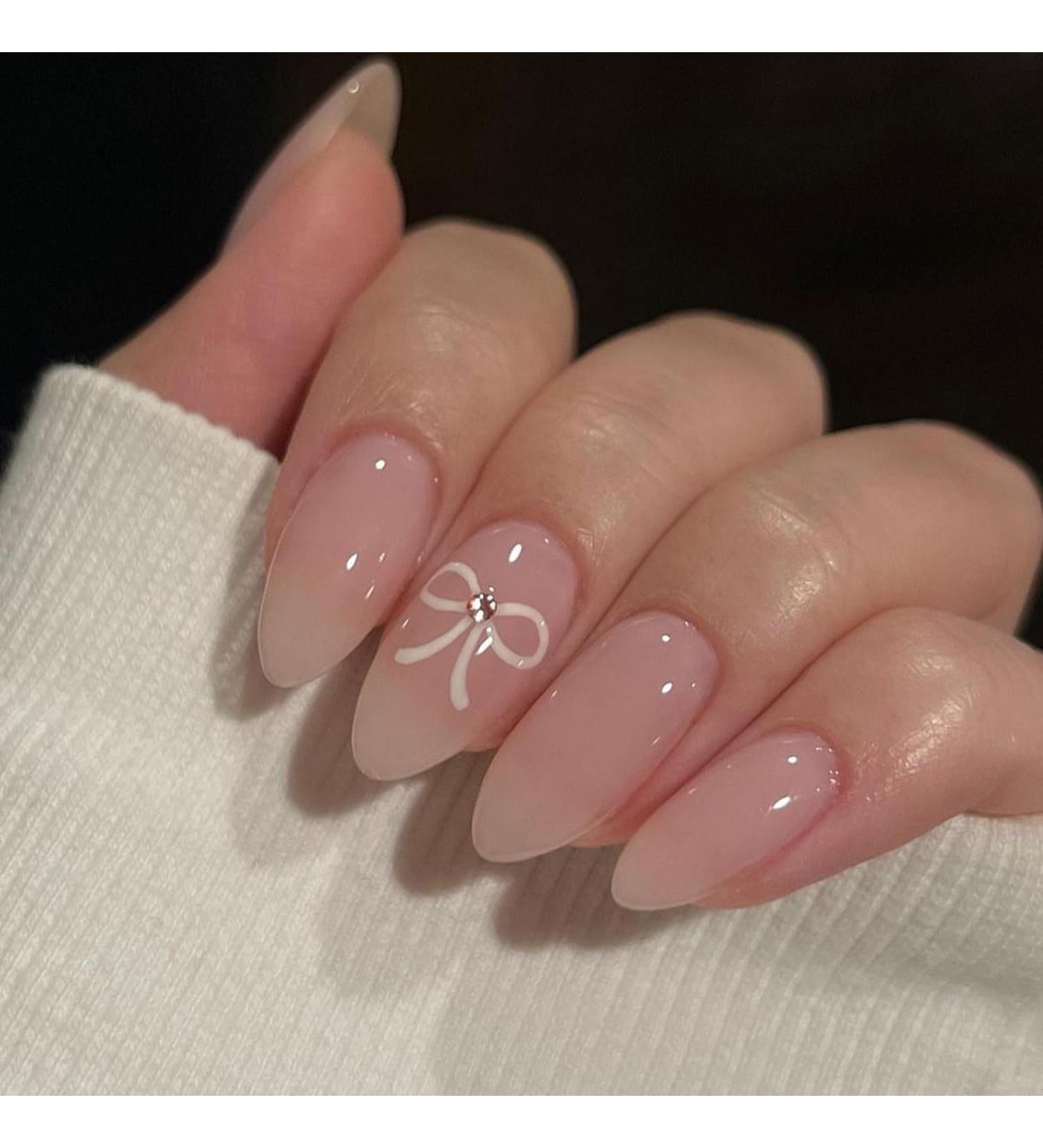 Light Pink Press on Nails - Glossy Short Fake Nails with Bow Tie | 24Pcs Full Cover Nail Art for Women & Girls - Buy Online on SooperMarket.com