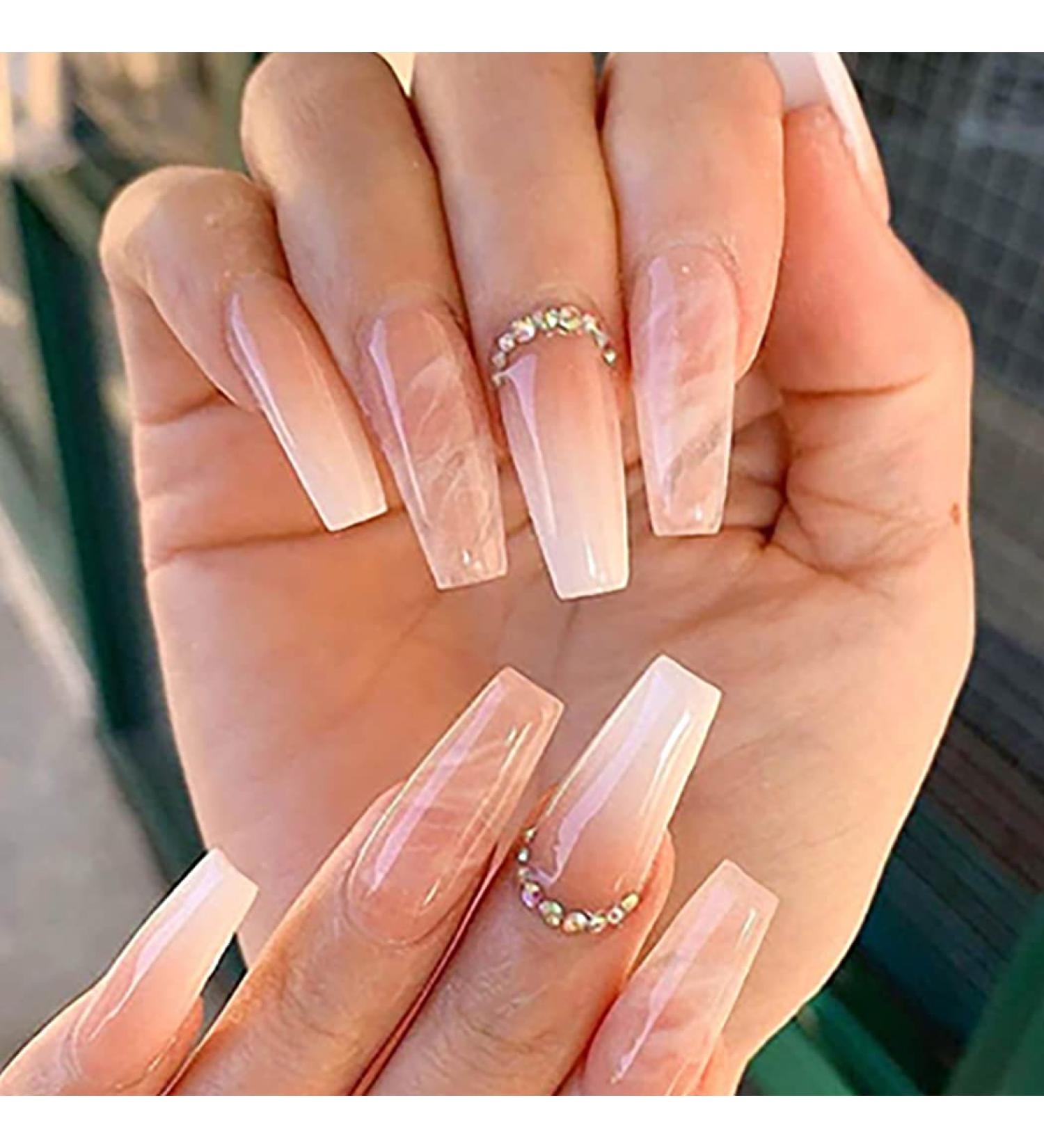 Coffin False Nails Long Nude Press On Acrylic Stick On Nails - 24pcs for Women and Girls - Buy Online on SooperMarket.com