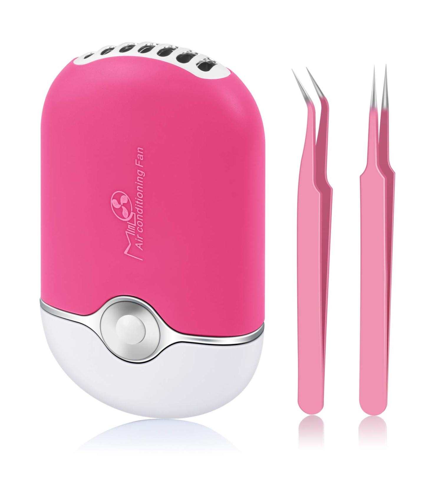 Rose Red Eyelash Fan Dyer with 2 Lash Tweezers - Rechargeable Mini Portable Fan for Eyelash Extension - Straight and Curved Tip Tweezers Included - Buy Online on SooperMarket.com