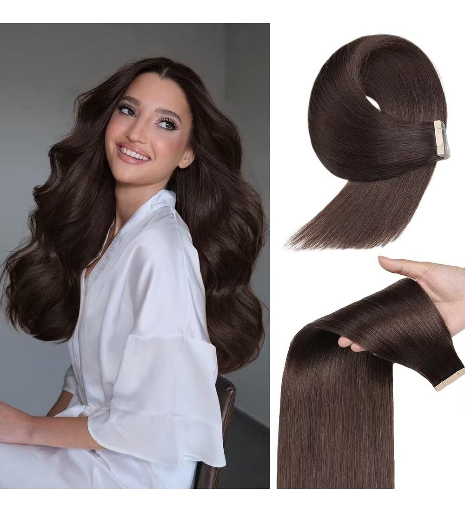 YDDM Tape-In Extensions | 20Pcs 50cm Dark Brown Real Hair | Invisible Skin Weft Hair Extensions (20 inch Color 2#) - Buy Online on SooperMarket.com