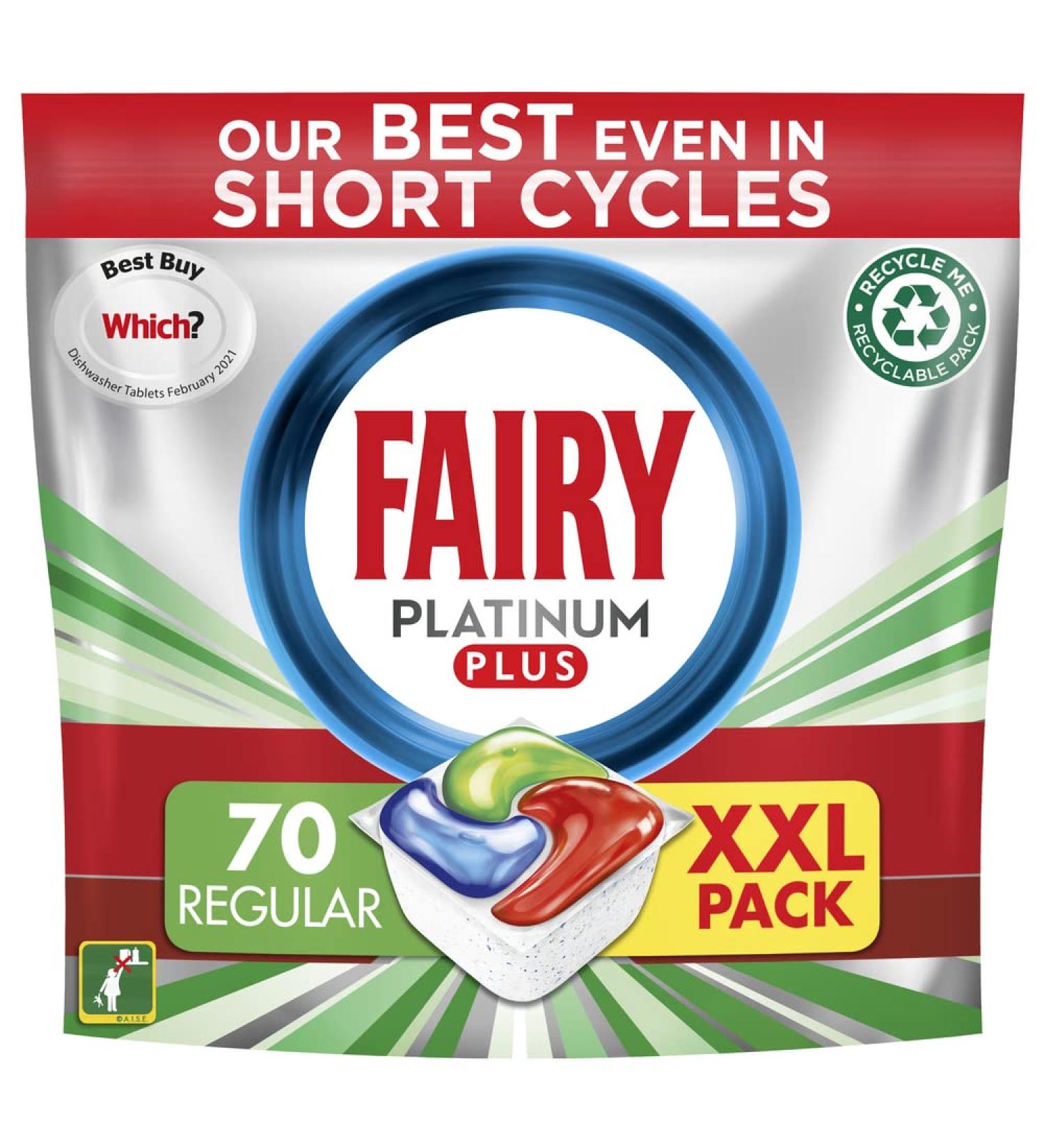 Fairy Platinum Plus All in One Dishwasher Tablets Regular 70 Tablets Our Best Cleaning For A Clean Like New Removes Dullness & Prevents Limescale x3 70 Count (Pack of 1)