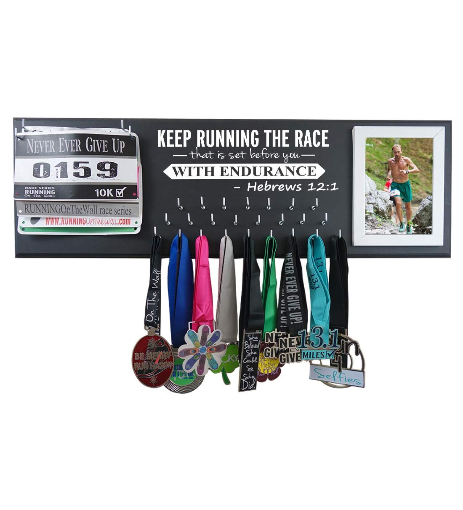 Running On The Wall Medal Hanger Display and Race Bibs Keep Running The Race That is Set Before You with Endurance -Hebrews 12:1" Picture Frame Design Black - Buy Online on SooperMarket.com