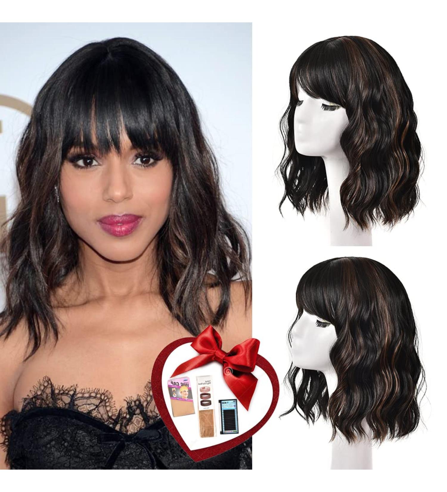 Short Brown Wavy Bob Wig with Bangs | Premium Synthetic Medium Length Wig for Women | Curly Dark Brown Cosplay Wig 12 Inch - Buy Online on SooperMarket.com