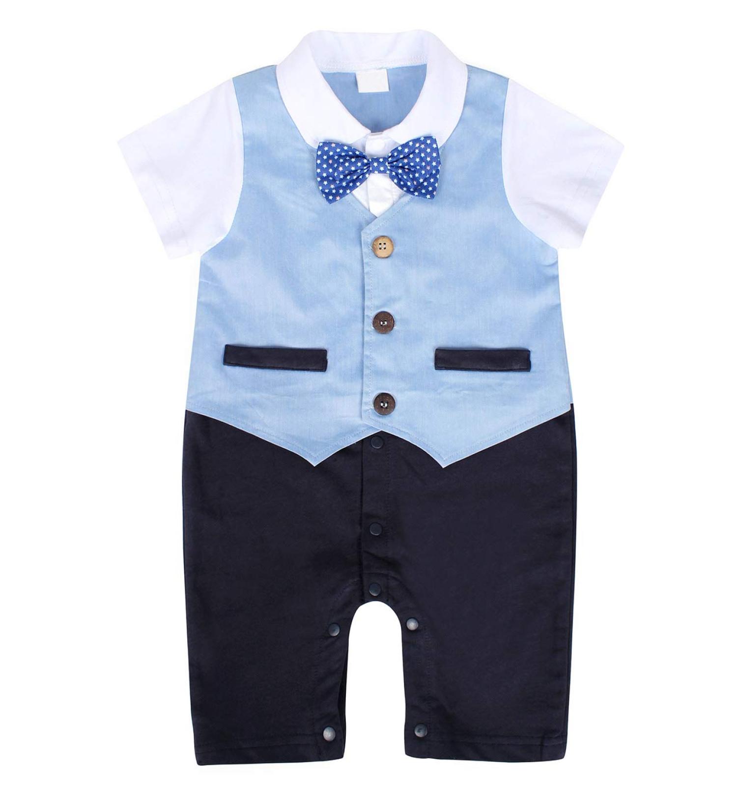 AmzBarley Baby Boys Gentleman's Tuxedo Romper Suit Blue | Long/Short Sleeve Dress Shirt Pants Vest Bowtie | Birthday Party Outfit | 3-6 Months - Buy Online on SooperMarket.com