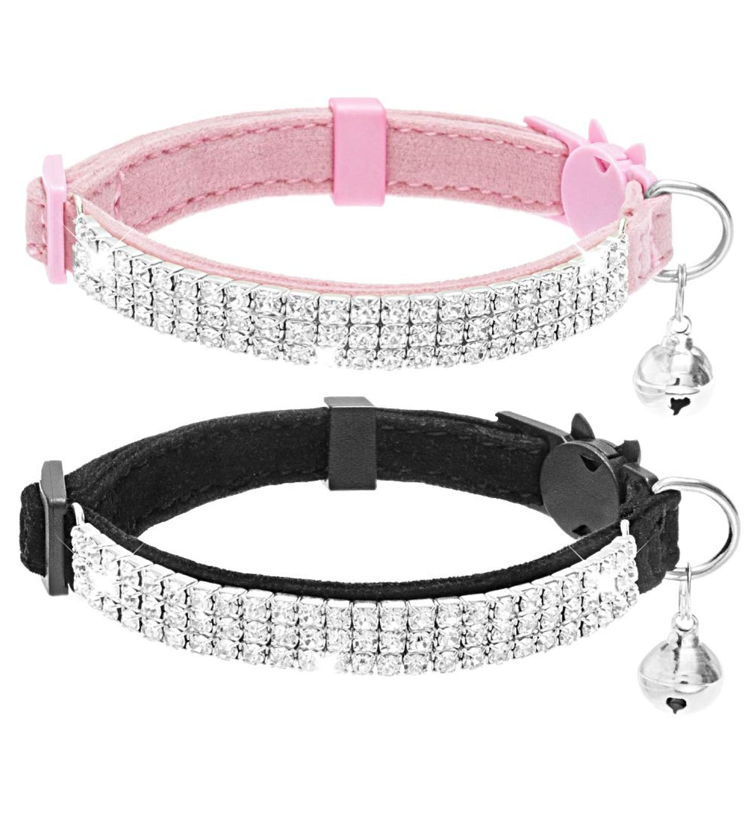 EXPAWLORER Cat Collar Breakaway with Bells - 2 Pack Rhinestone Diamante Collars for Cats and Small Dogs - Adjustable & Safe Velvet Collar in Black + Pink - Buy Online on SooperMarket.com