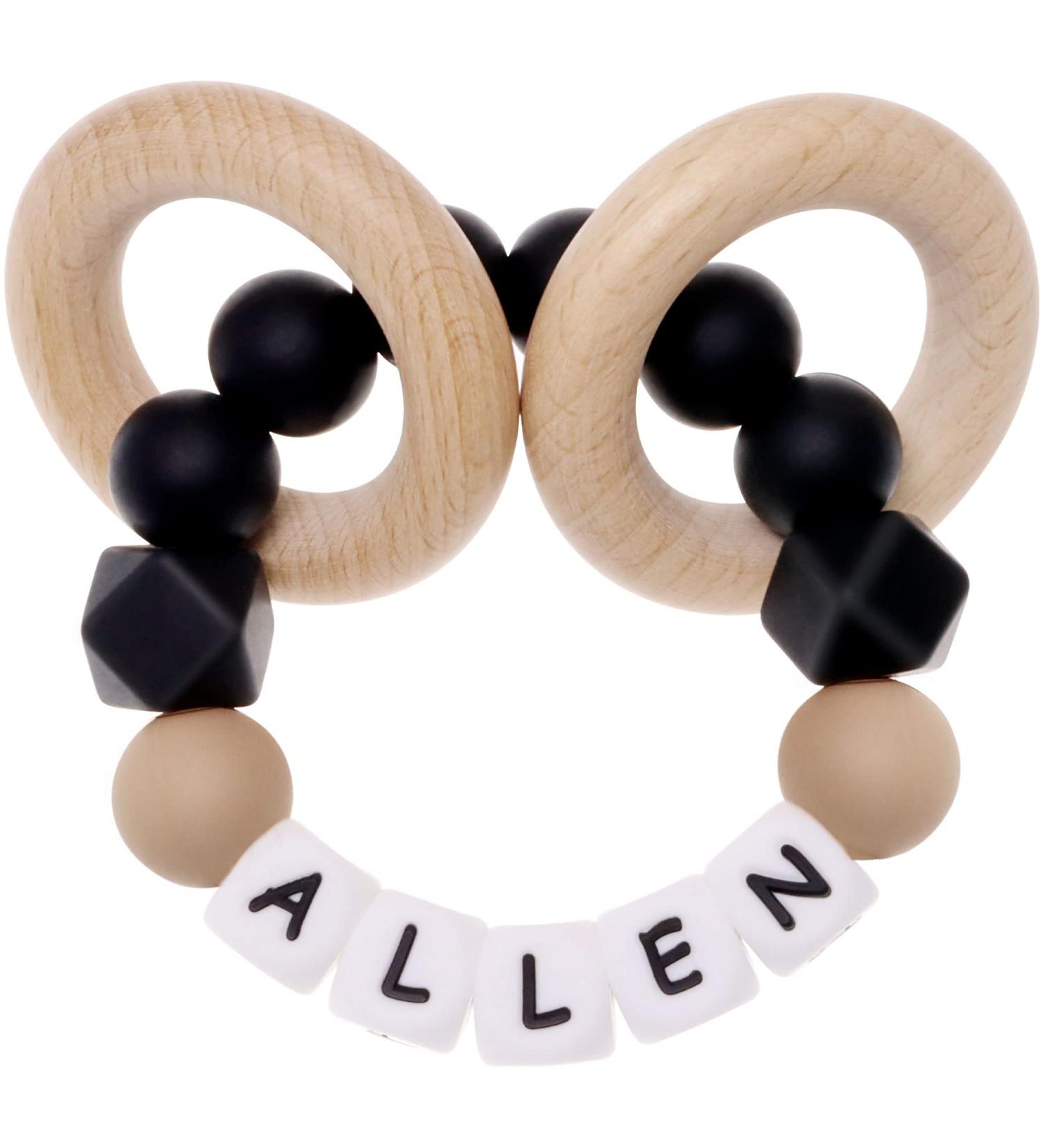 Personalized Name Baby Keepsake Rattle | Ausbay Customizable Teether Toy with Beech Wood Rings | Ideal for Girls Baby Shower (Black) - Buy Online on SooperMarket.com