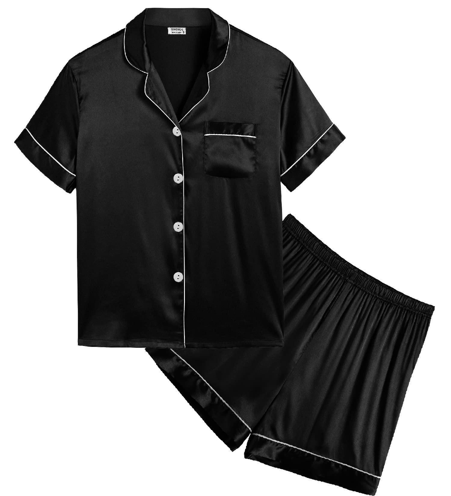 SWOMOG Kids Silk Pyjamas Set | Short Sleeve Satin PJs for Boys & Girls | Button-Down Silky Nightwear for Children & Teens | Black, Ages 8-9 - Buy Online on SooperMarket.com