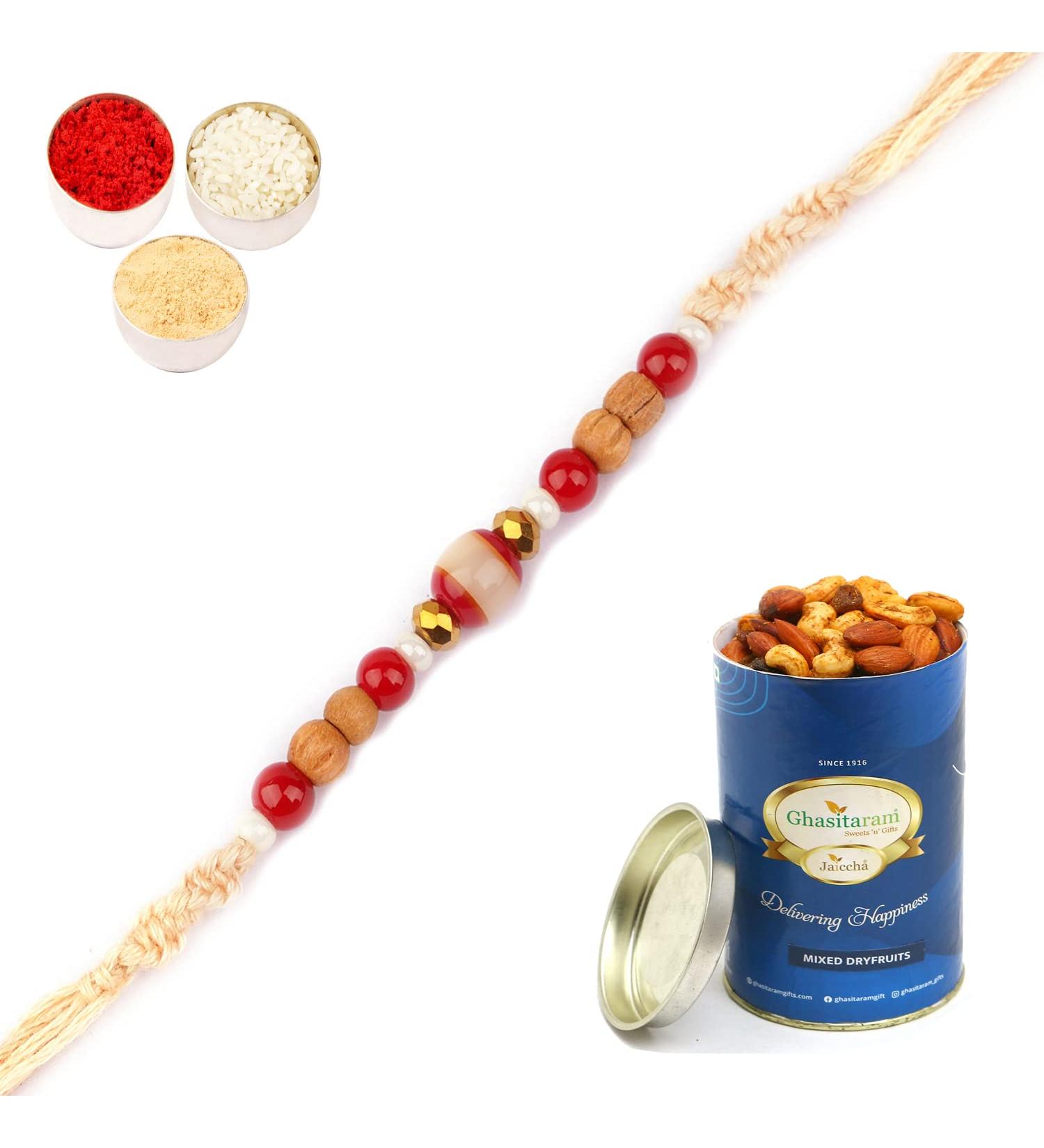 Ghasitaram Gifts Rakhi for Brother Rakhis Online - 1889 Fancy Thread Rakhi with 100 GMS of Dryfruits Mix Can Rakhi Set with 100 gms of Dryfruits Mix Can - Buy Online on SooperMarket.com