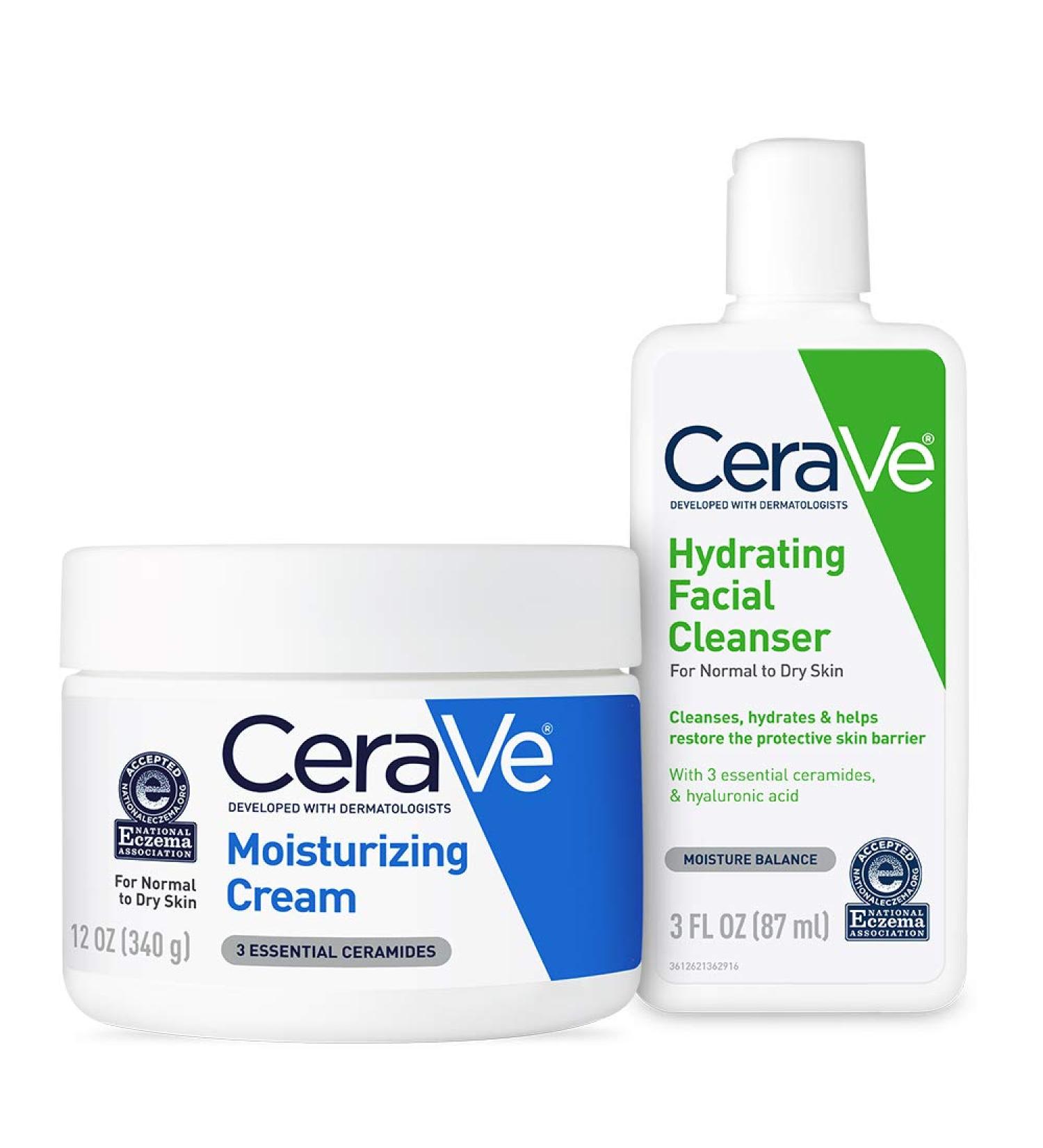 CeraVe Moisturizing Cream & Hydrating Face Wash Combo - 12oz Cream + 3oz Travel Cleanser - Buy Online on SooperMarket.com