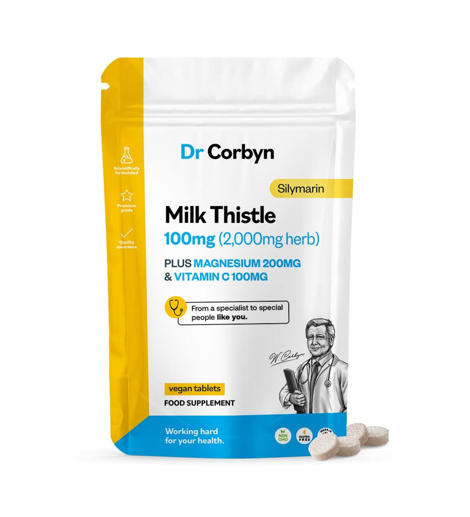 Dr Corbyn Milk Thistle 100mg with Magnesium & Vitamin C - 60 Tablets | Liver Health & Antioxidant Support - Vegan UK Made - Buy Online on SooperMarket.com