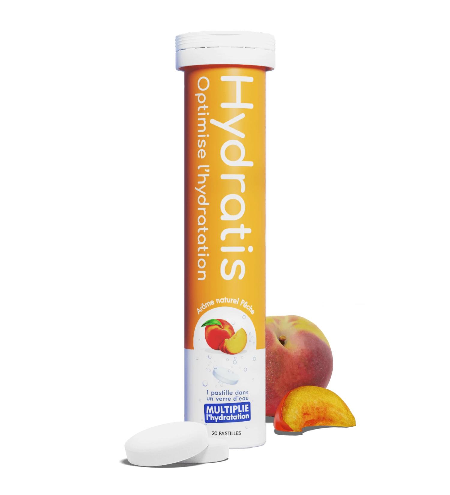 HYDRATIS - Peach Effervescent Lozenges - Optimizes Hydration - Rich in Minerals - Low Sugar - Light Tastes - Sport Cramps Recovery - 20 Lozenges 1 Tube white - Buy Online on SooperMarket.com