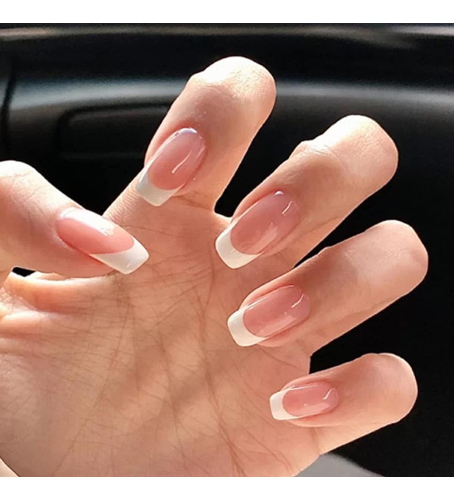 24PCS Glossy French Tip Press-On Acrylic Nails Set - Nude Pink Short Coffin Style with Glue | Full Cover Stick-On False Nails for Women and Girls - Buy Online on SooperMarket.com