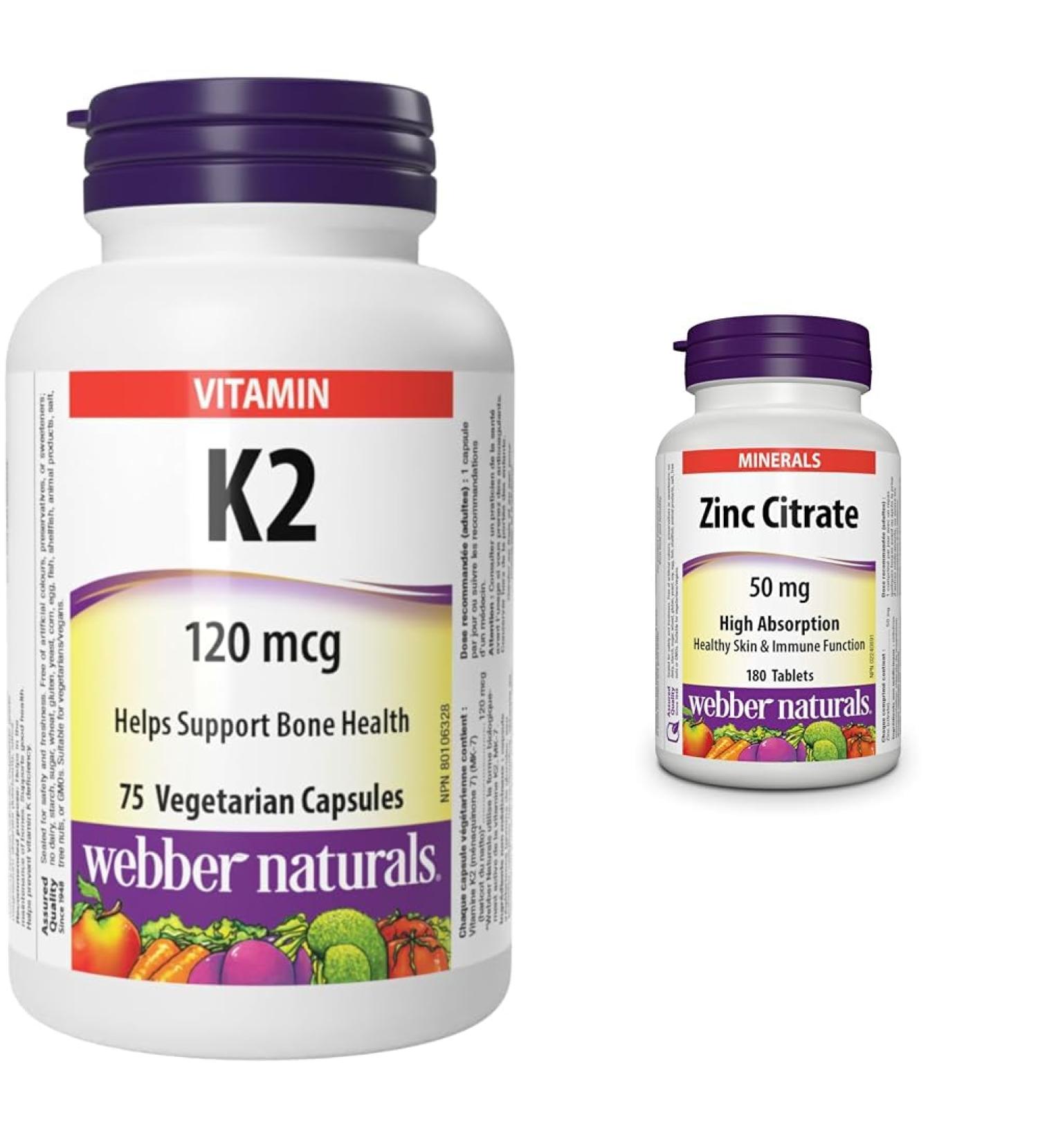 Webber Naturals Vitamin K2 120 mcg 75 Capsules MK-7 Formula Helps Support Bones Vegan & Zinc Citrate 50 mg 180 Tablets For Healthy Skin and Immune Support Vegan Vitamin + SUPPLEMENT 2006695 - Buy Online on SooperMarket.com