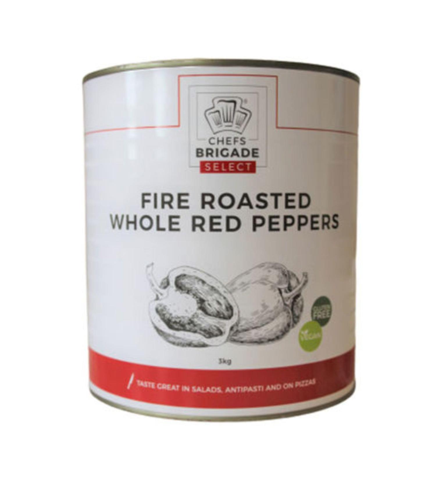 Chef's Brigade Fire Roasted Red Peppers 3kg. Ideal for adding to sauce's and dishes for delicious flavouring.Red Peppers in Brine. - Buy Online on SooperMarket.com
