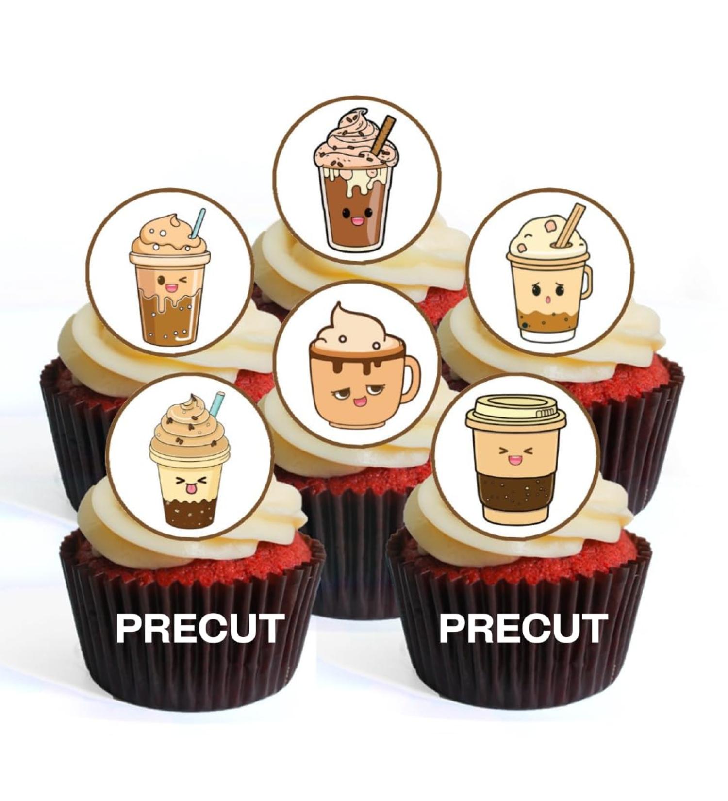 PRECUT Kawaii Coffee Edible Cupcake Toppers - Cute Kawaii Coffee Lover Theme Premium Thickness SWEETENED VANILLA - wafer card disc cake decorations (Pack of 12) - Buy Online on SooperMarket.com